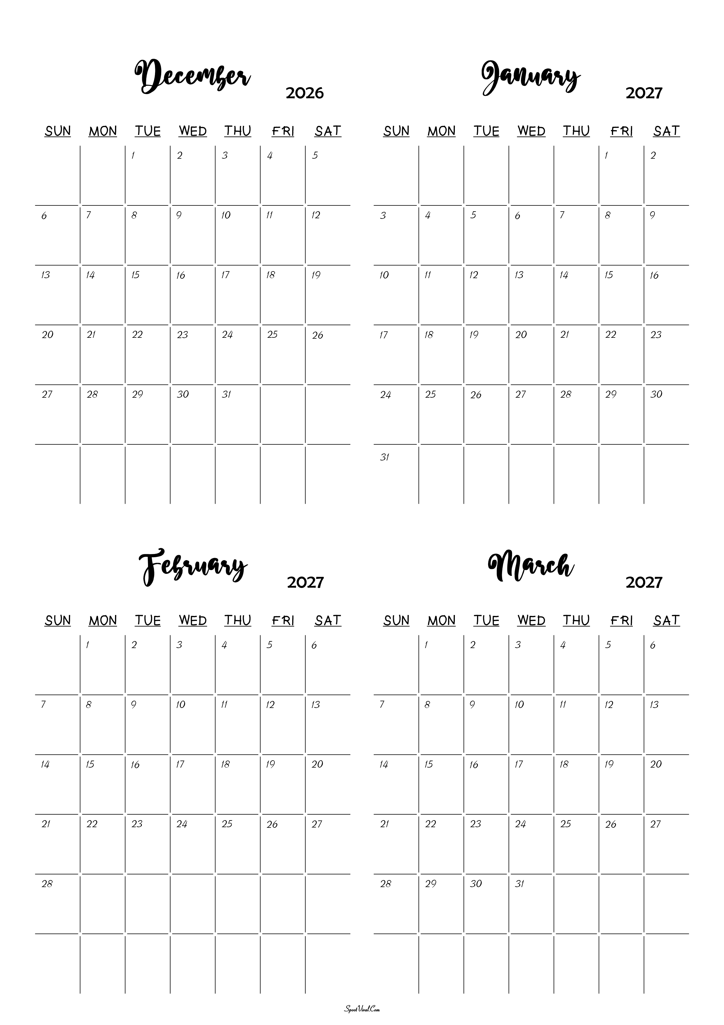 December 2026 to March 2027 Calendar