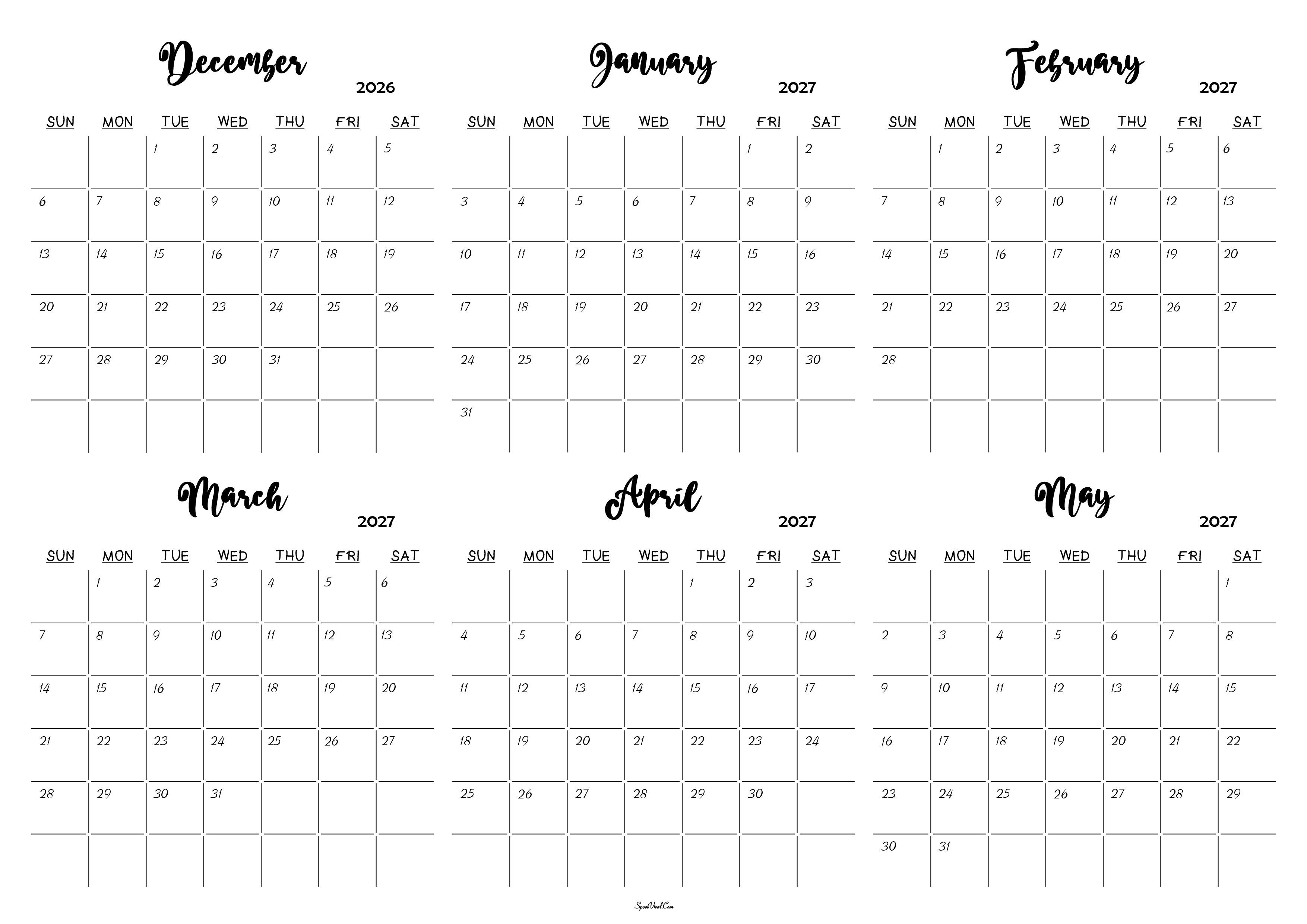 December 2026 to May 2027 Calendar