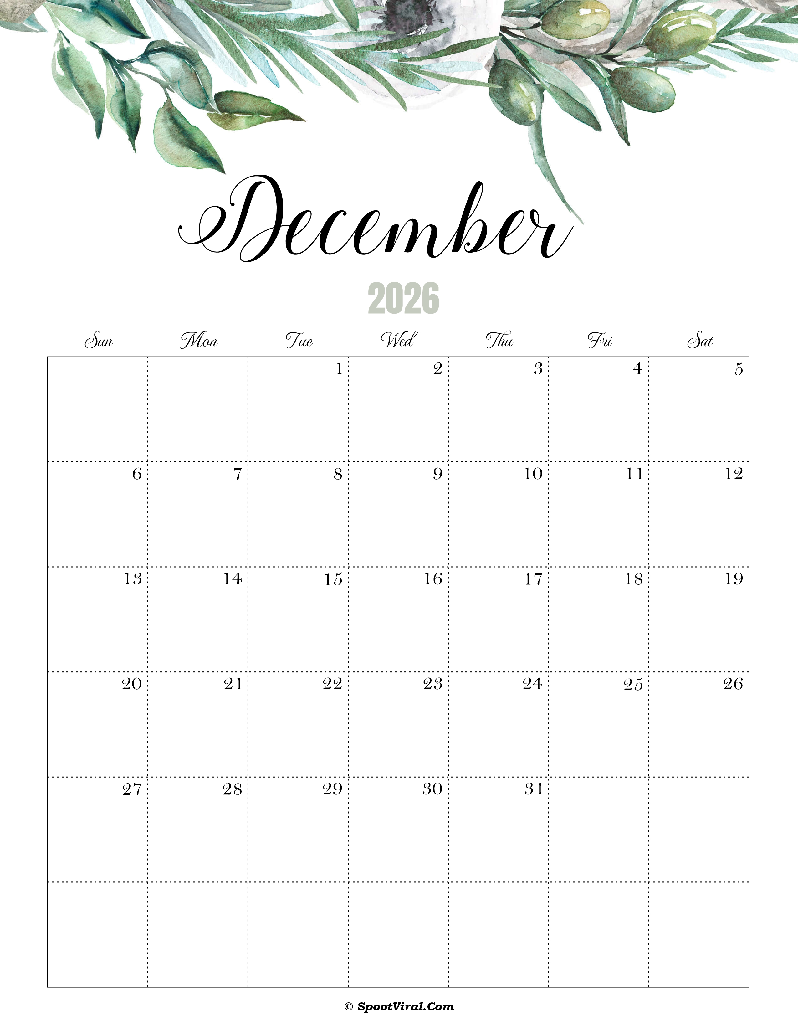 December Calendar 2026 Cute