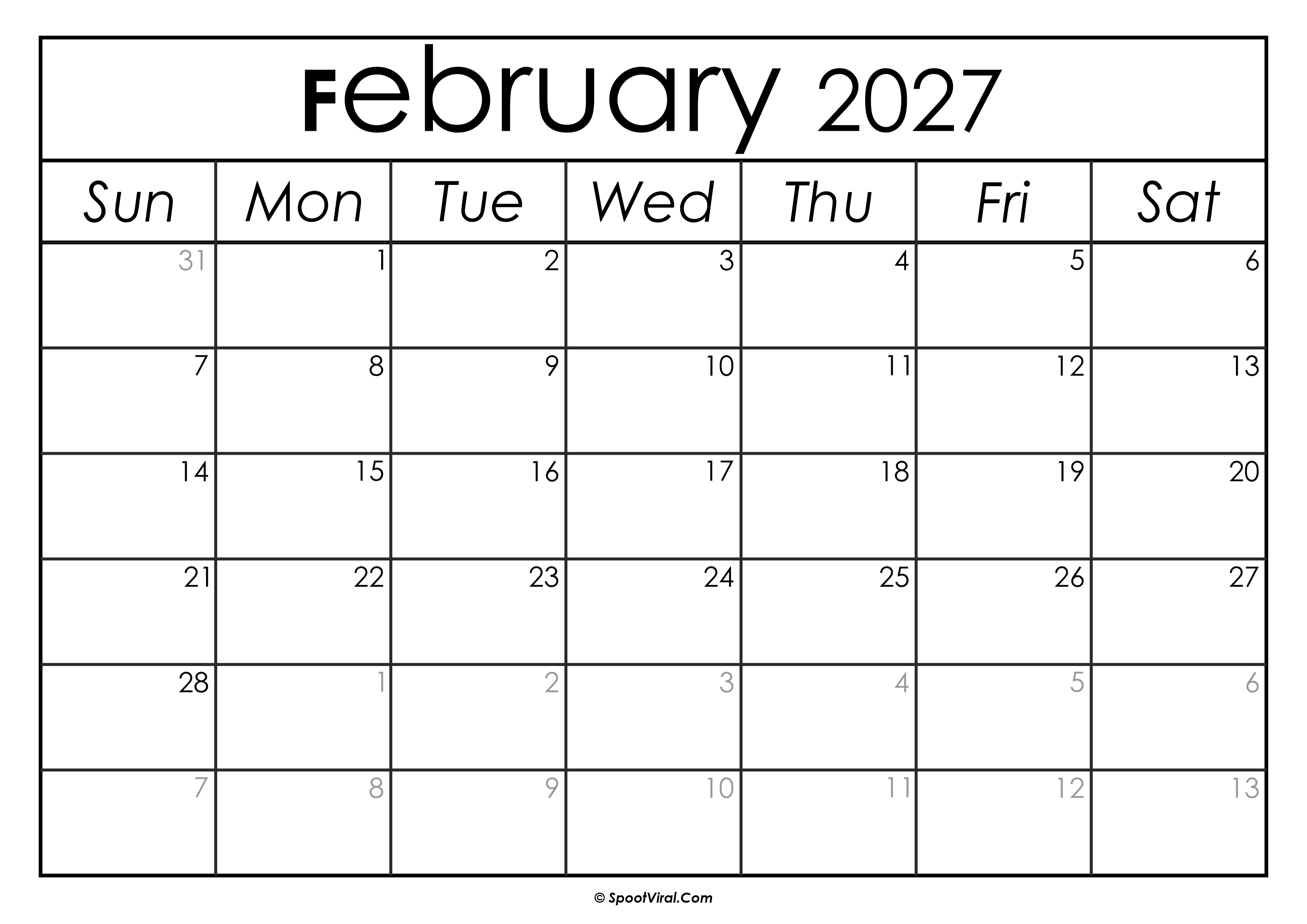 February 2027 Calendar Printable