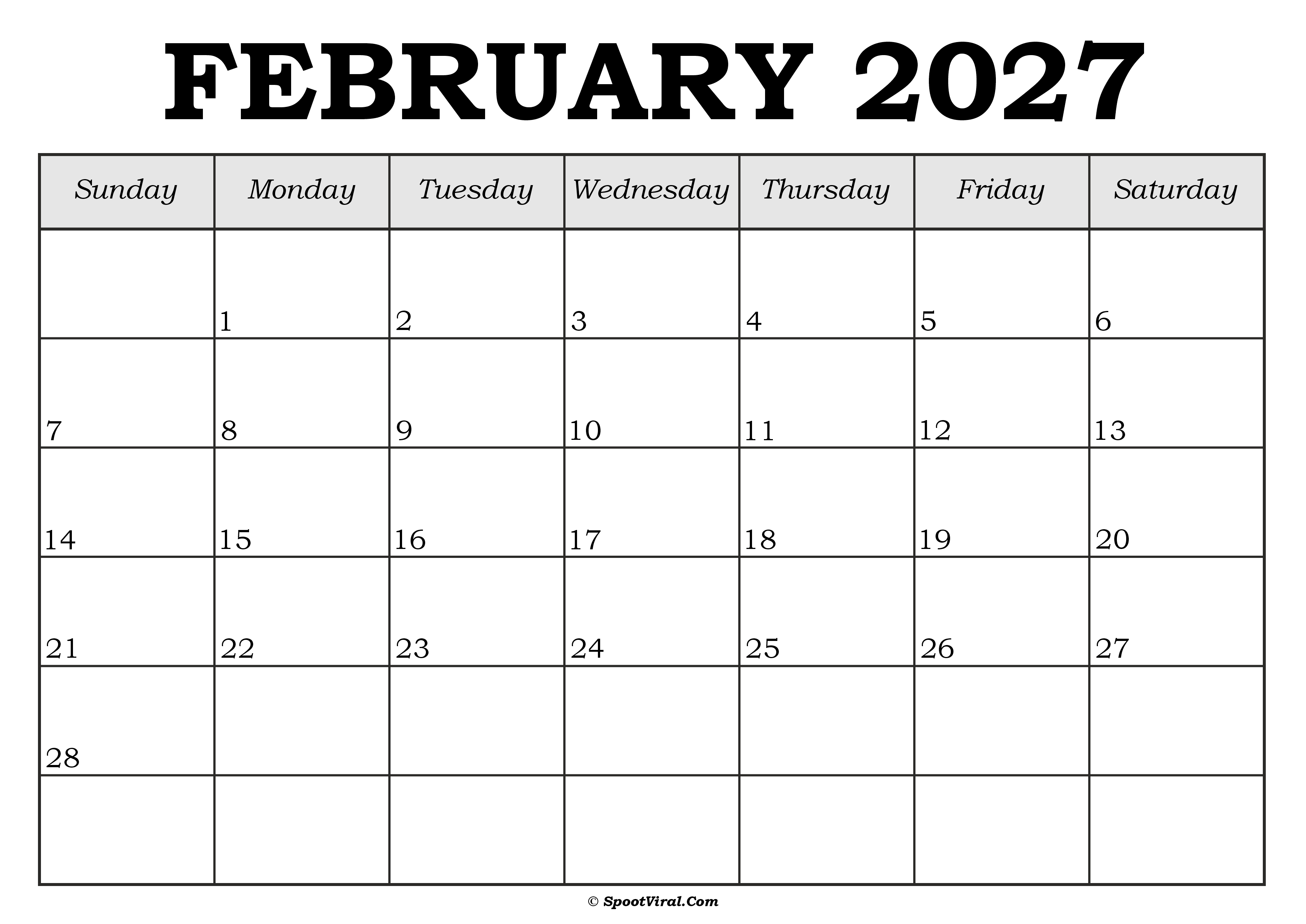 February 2027 Calendar Template
