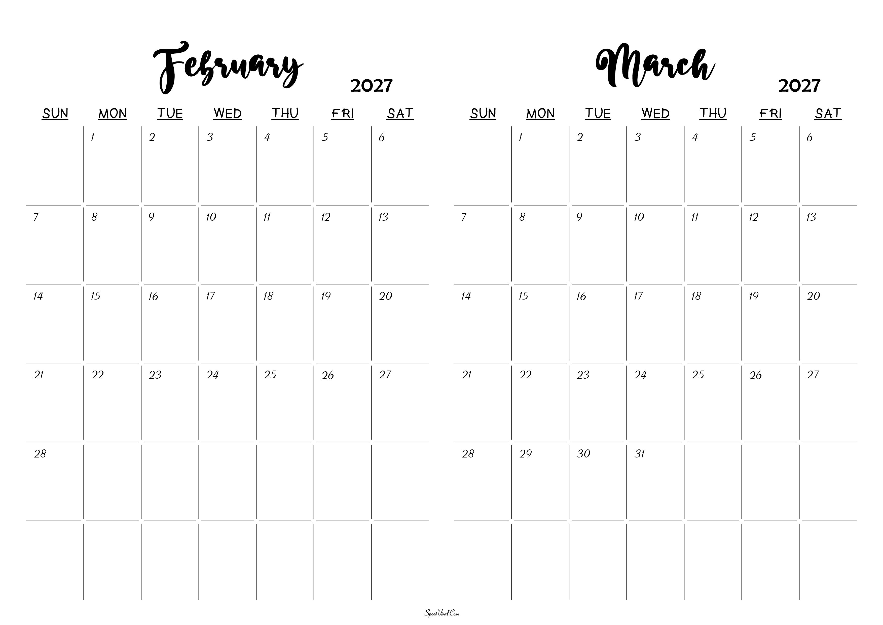 February March 2027 Calendar