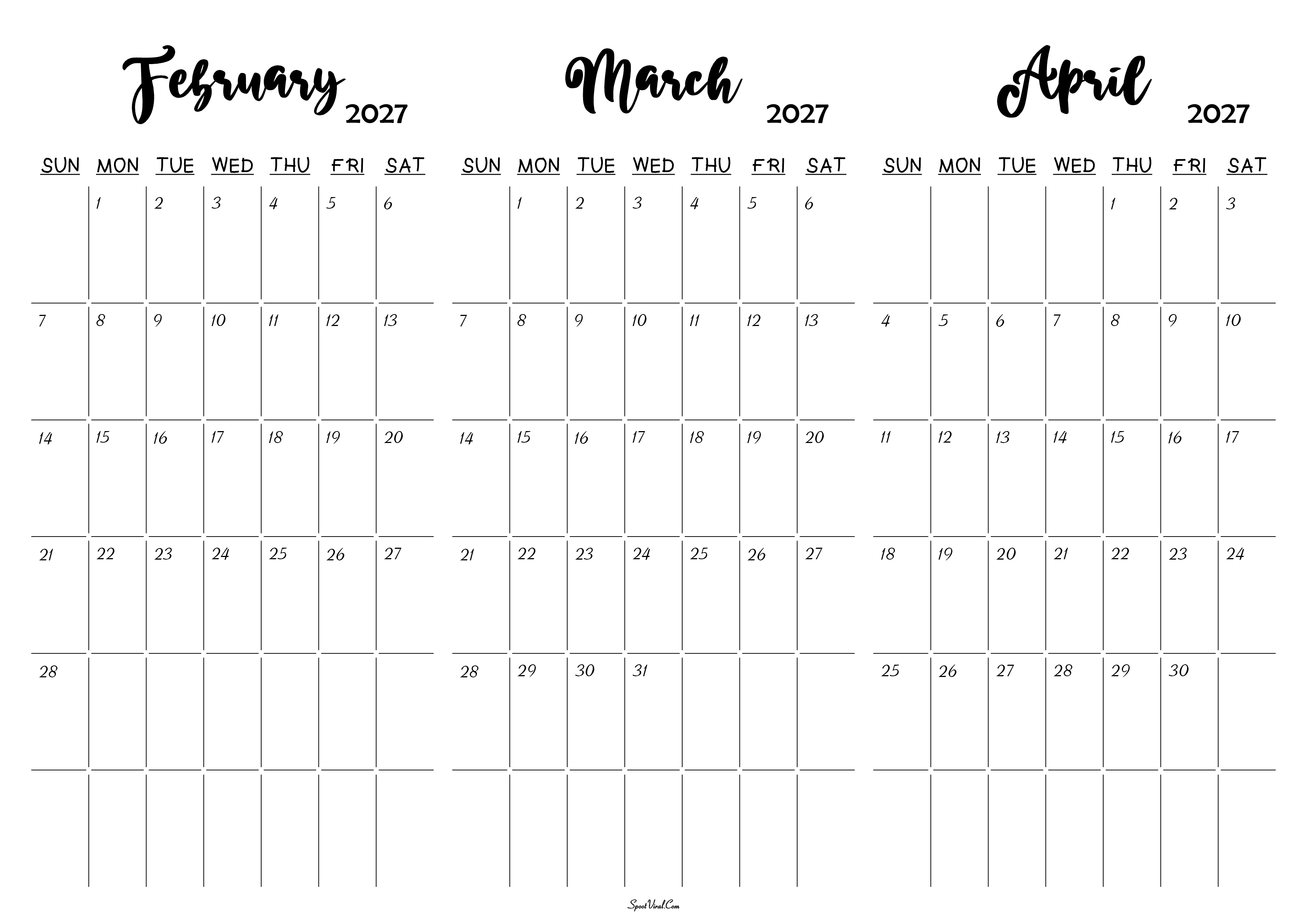 February March April 2027 Calendar