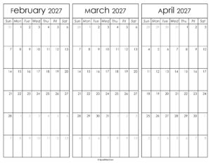 February March and April Calendar 2027