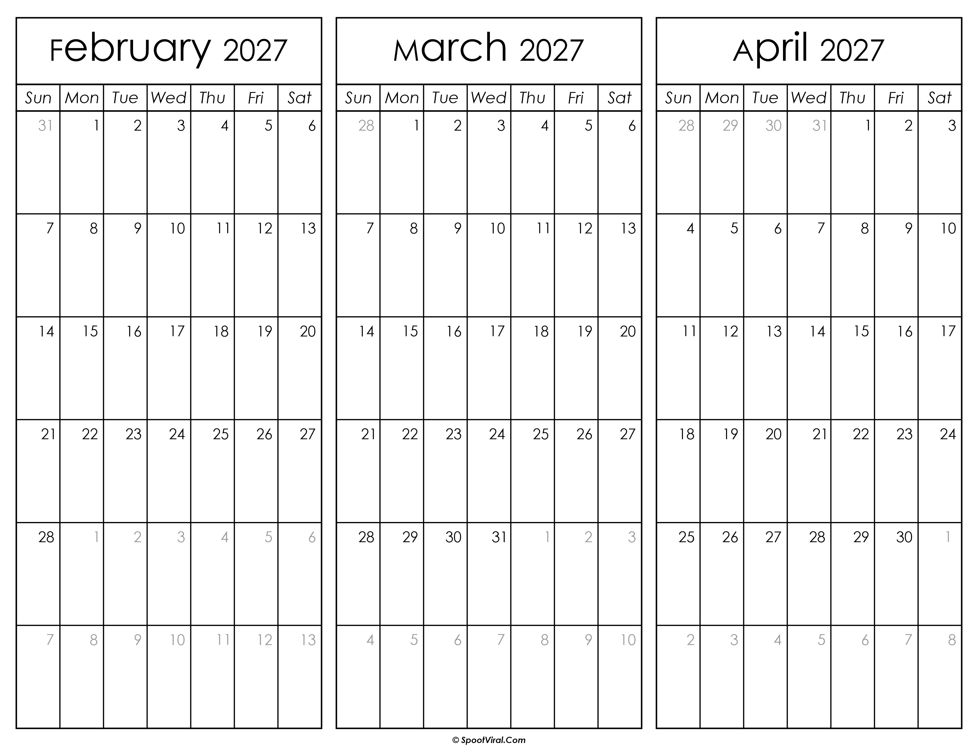 February March and April Calendar 2027