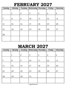 February and March Calendar 2027