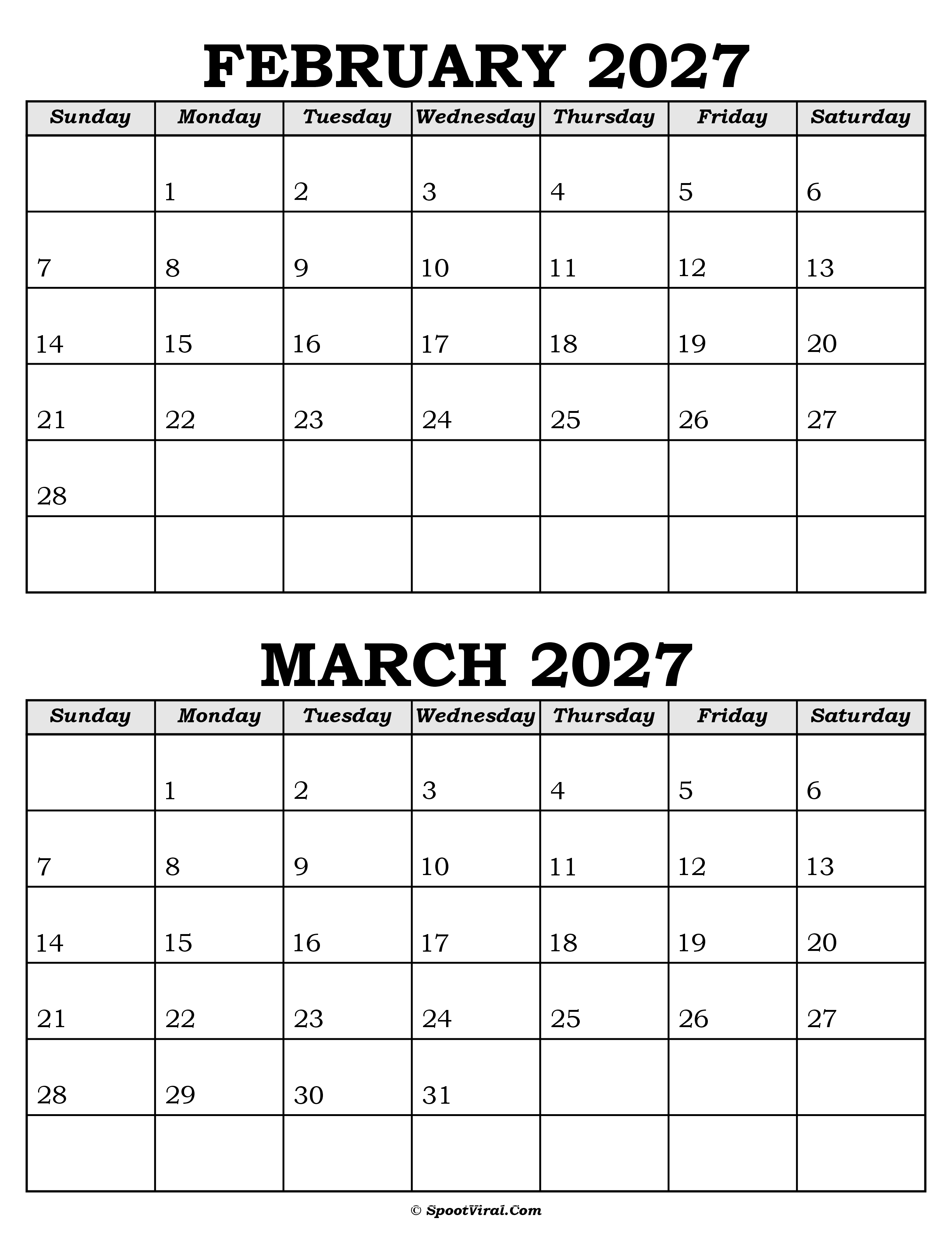 February and March Calendar 2027