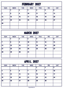 February to April 2027 Calendar