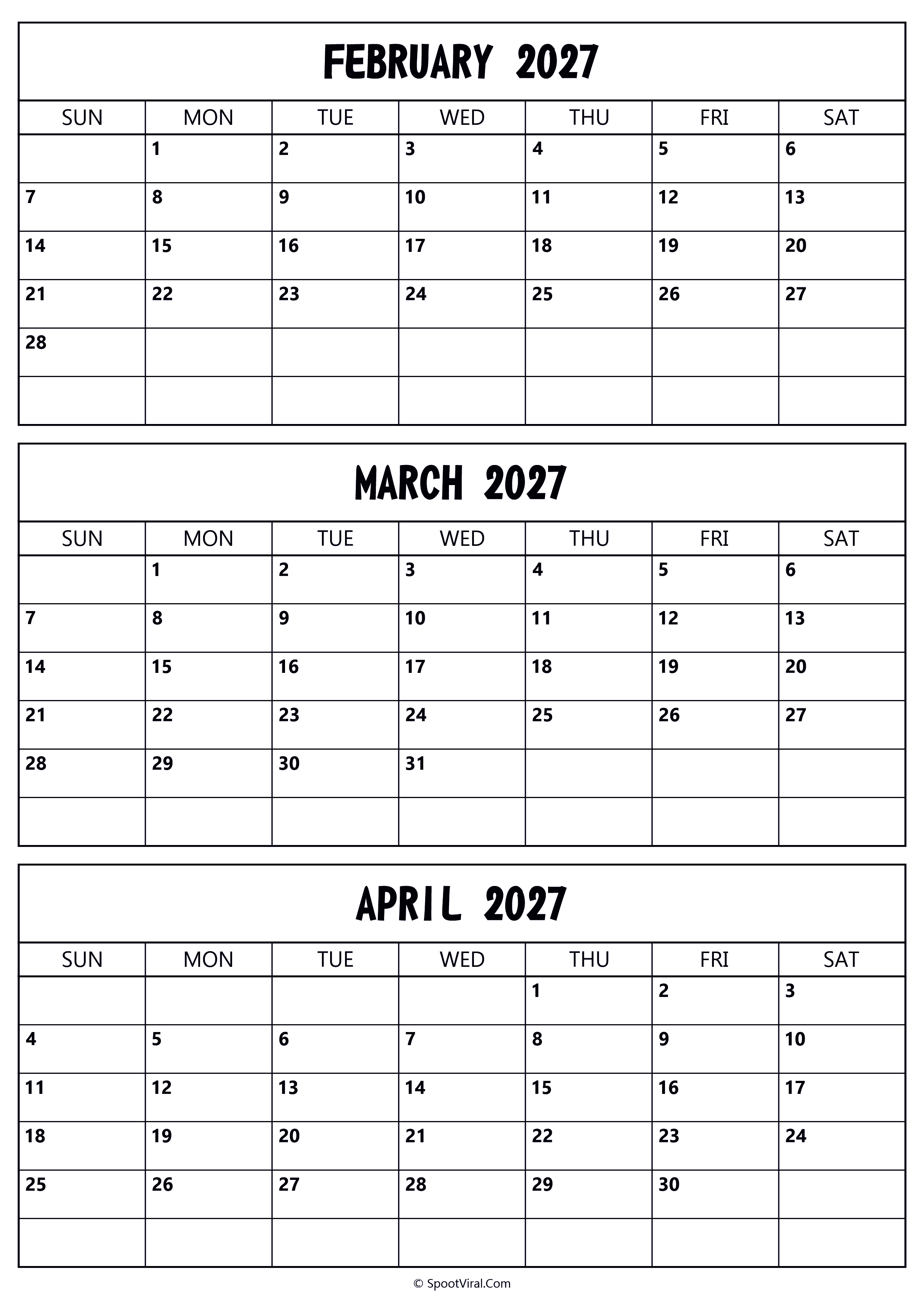 February to April 2027 Calendar