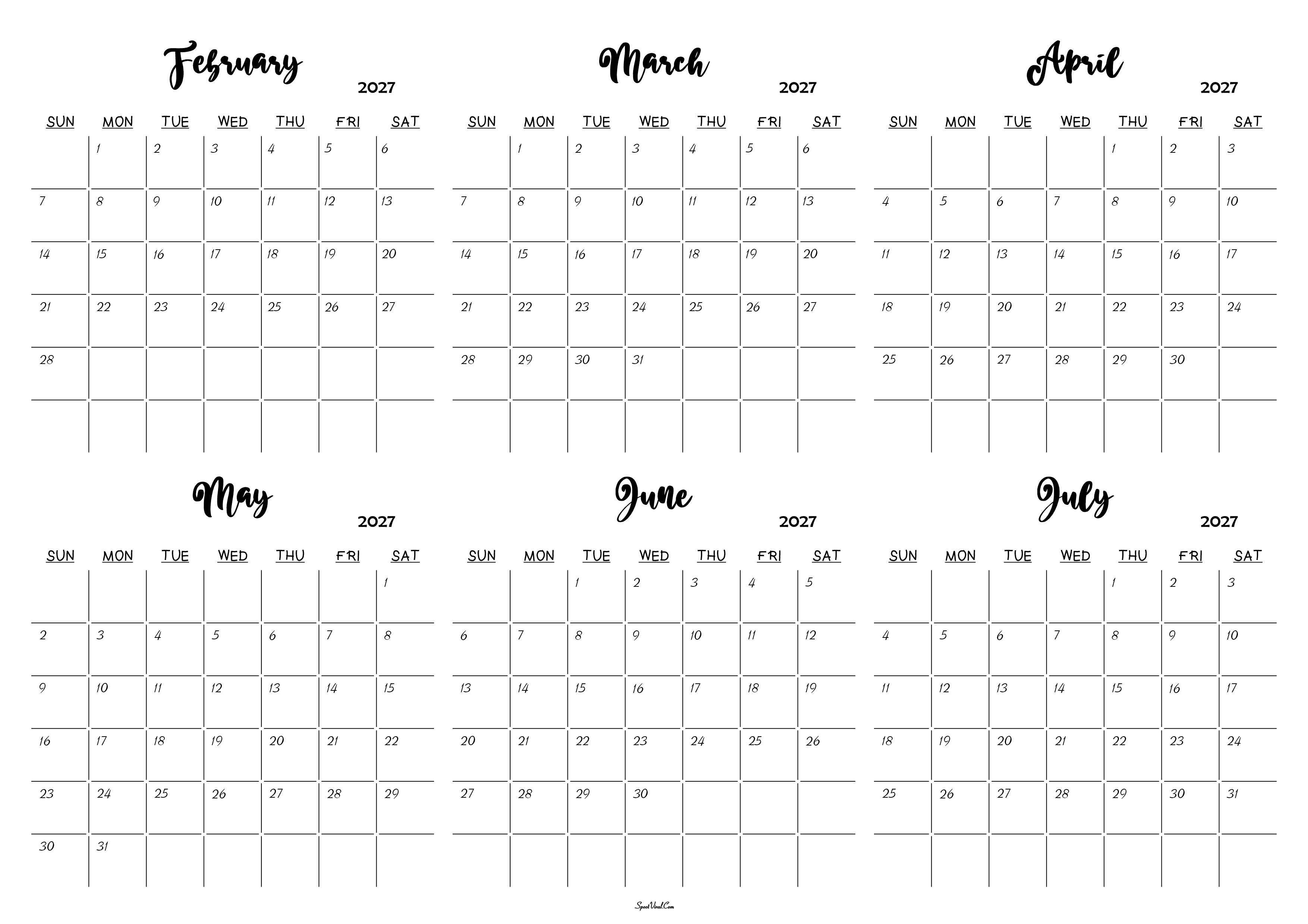 February to July 2027 Calendar