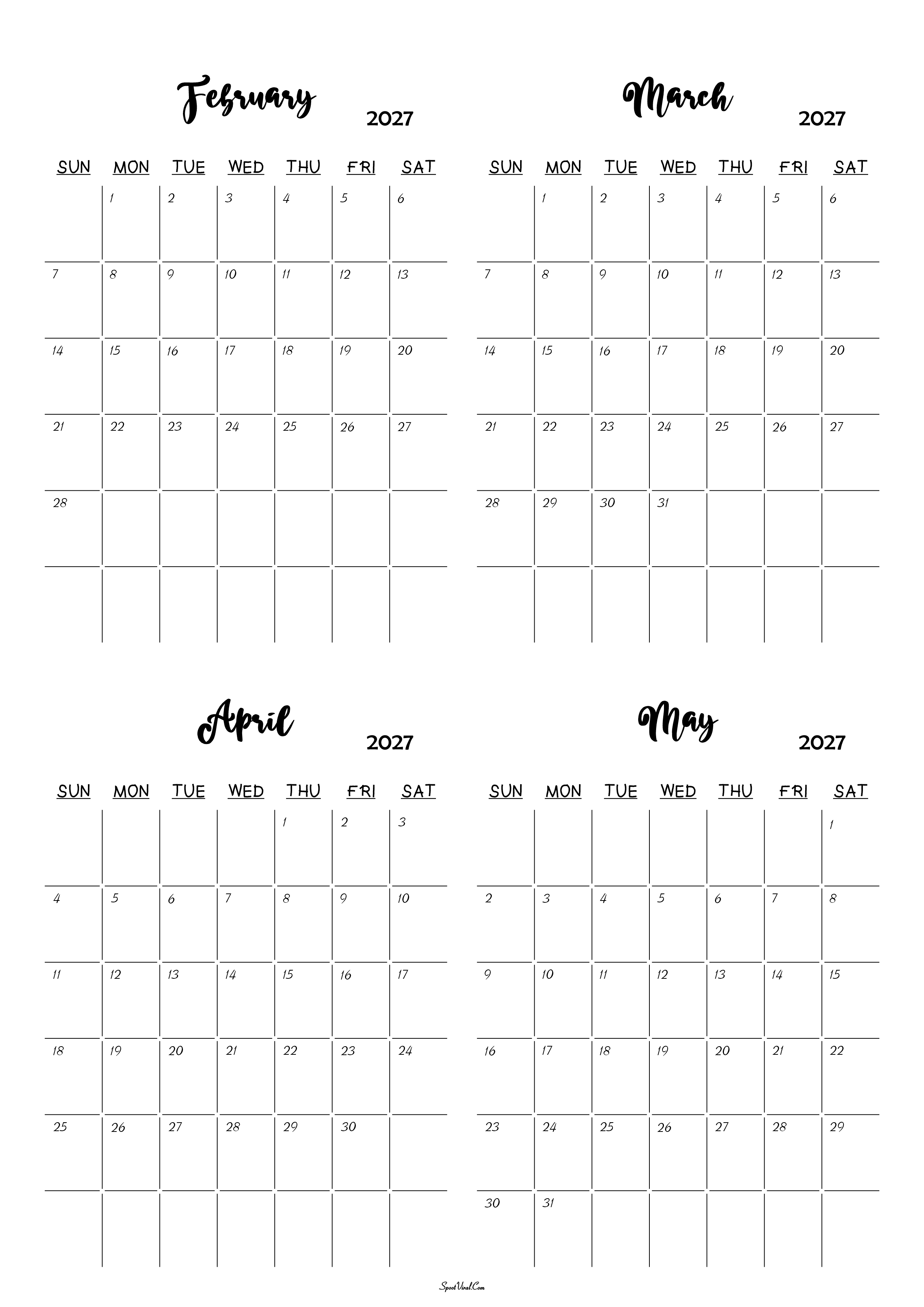 February to May 2027 Calendar