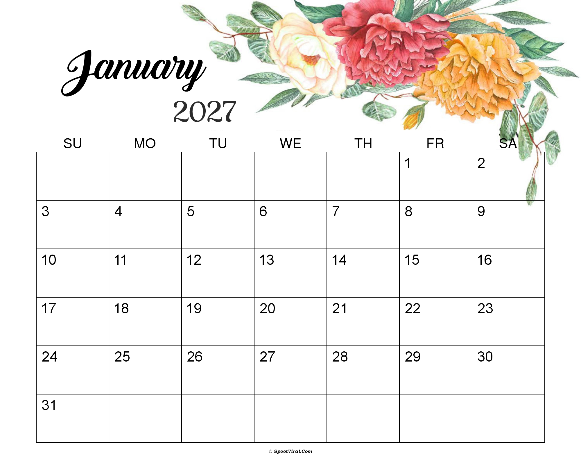 January 2027 Calendar Cute