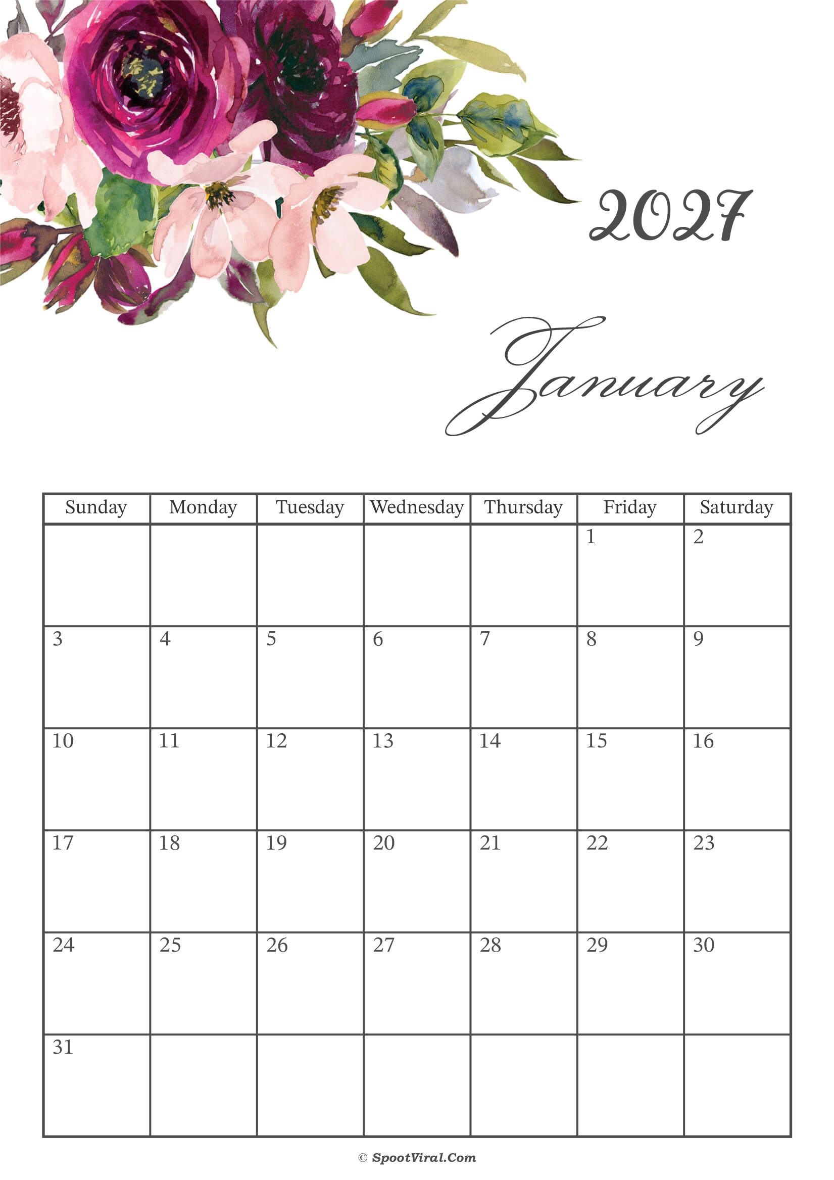January 2027 Calendar Floral
