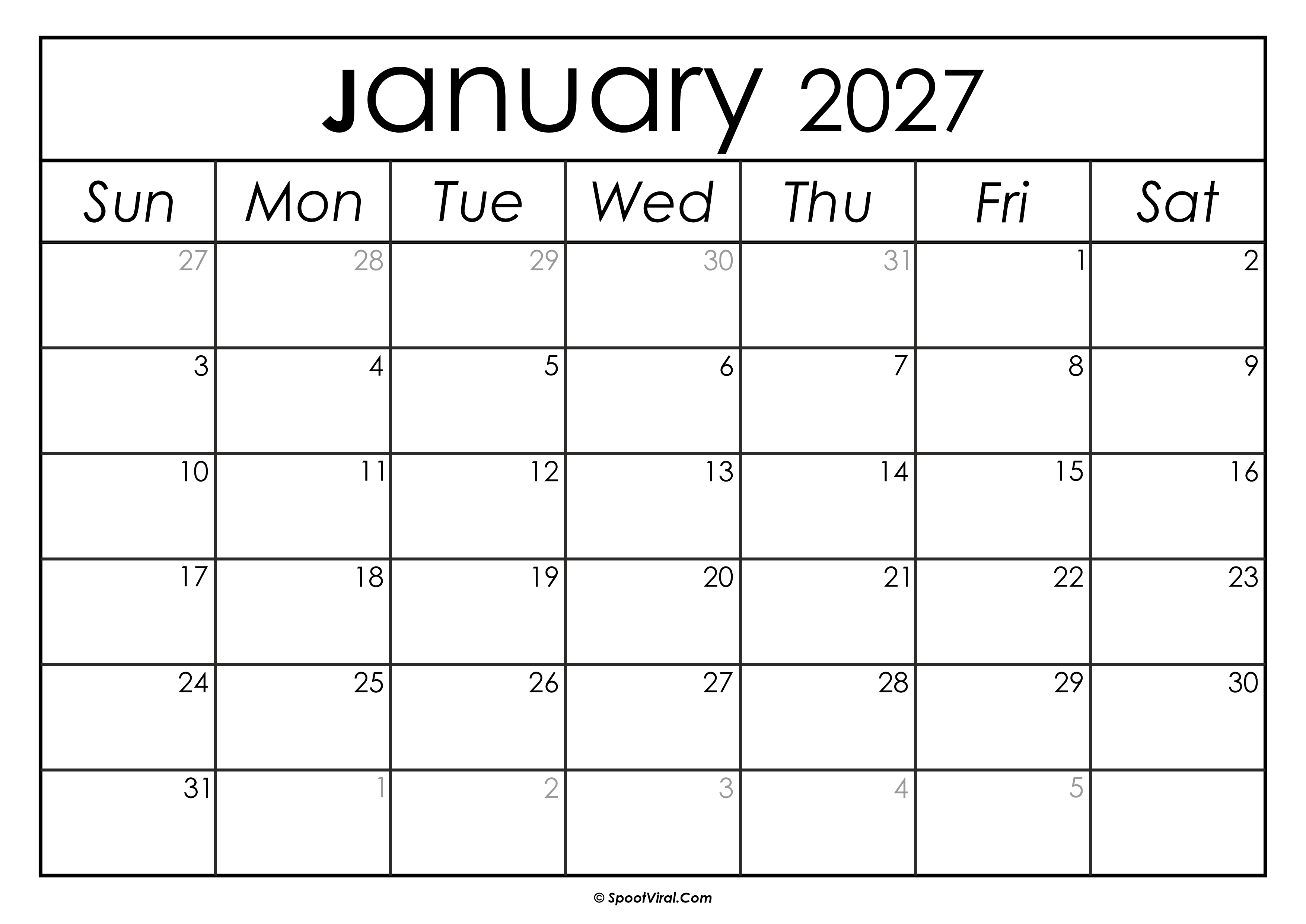 January 2027 Calendar Printable