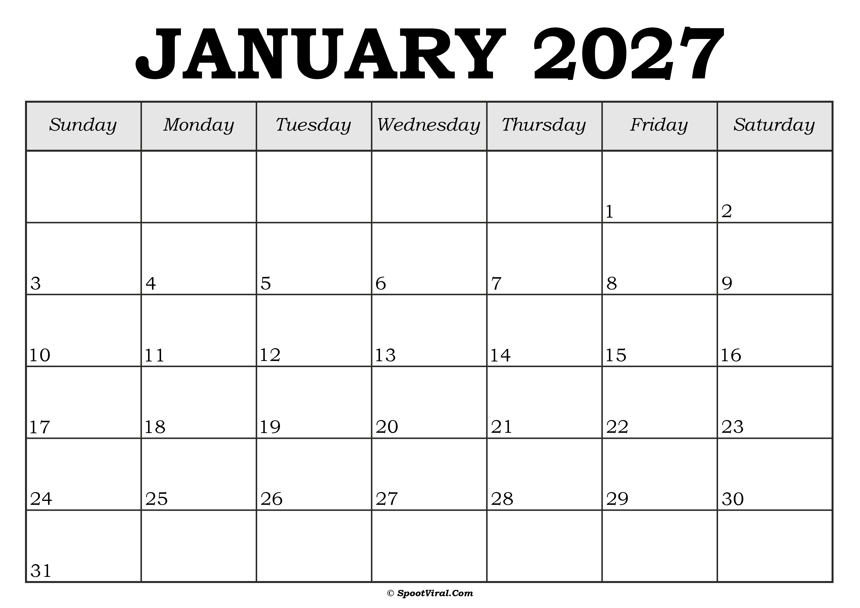 January 2027 Calendar Template