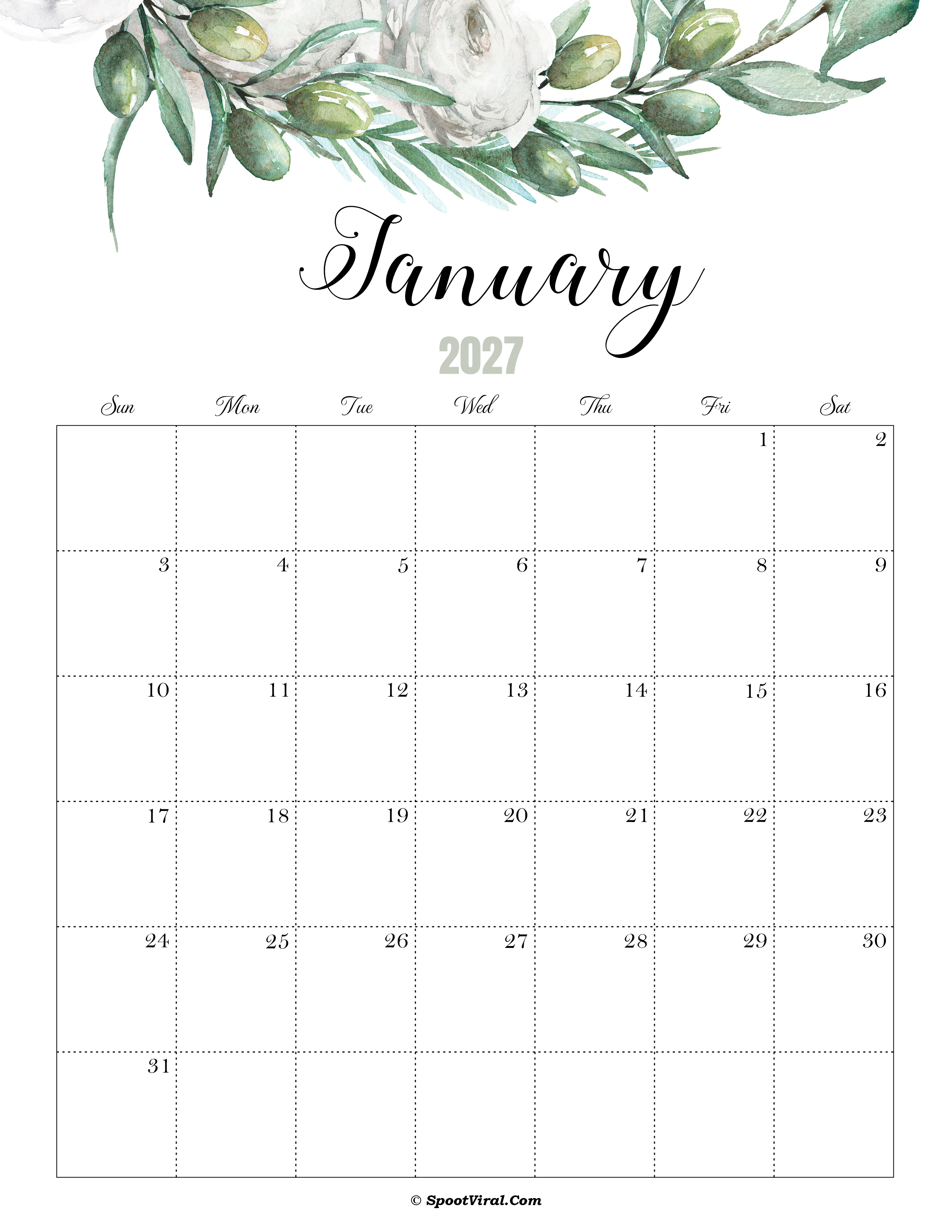 January Calendar 2027 Cute