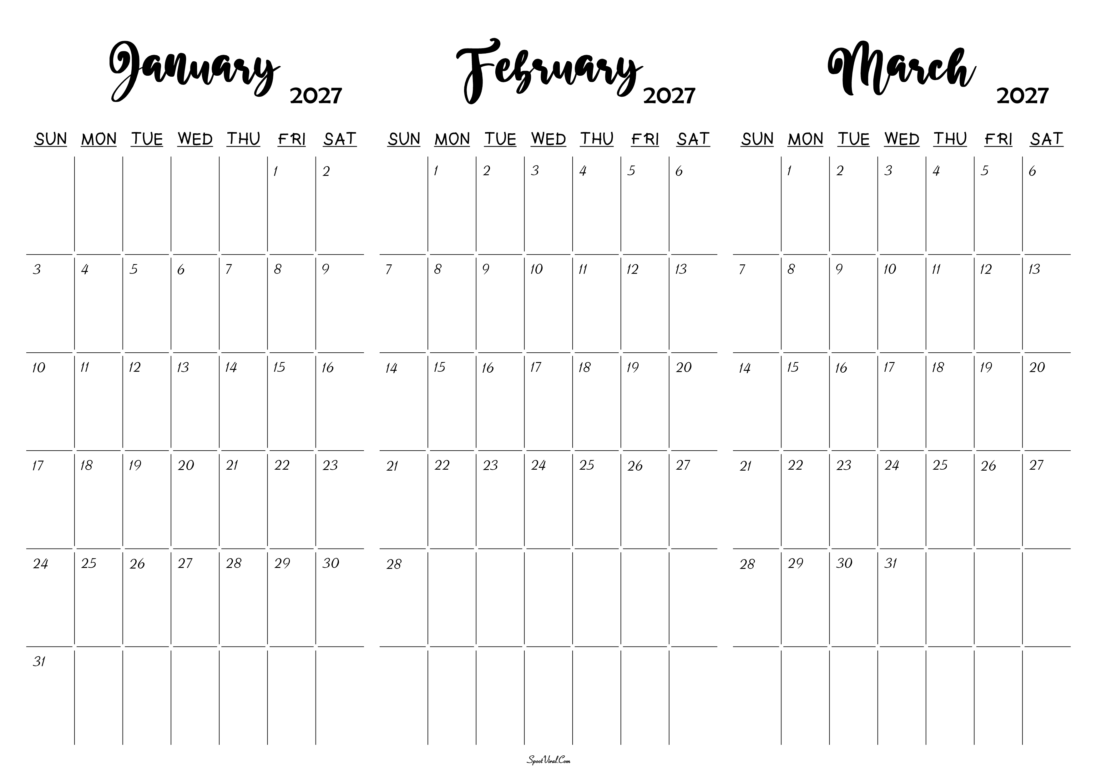 January February March 2027 Calendar