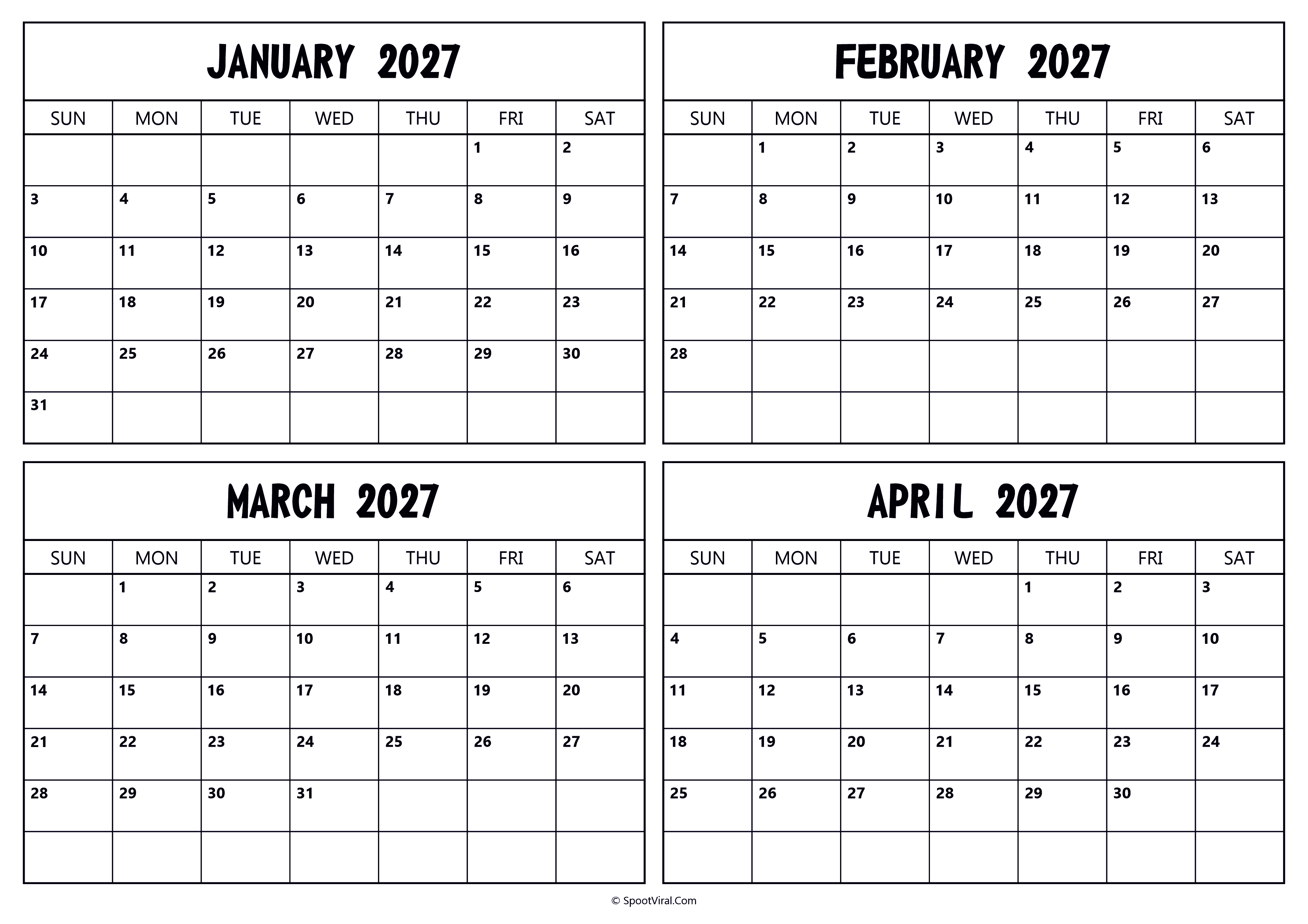 January February March April 2027 Calendar