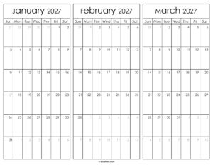 January February and March Calendar 2027