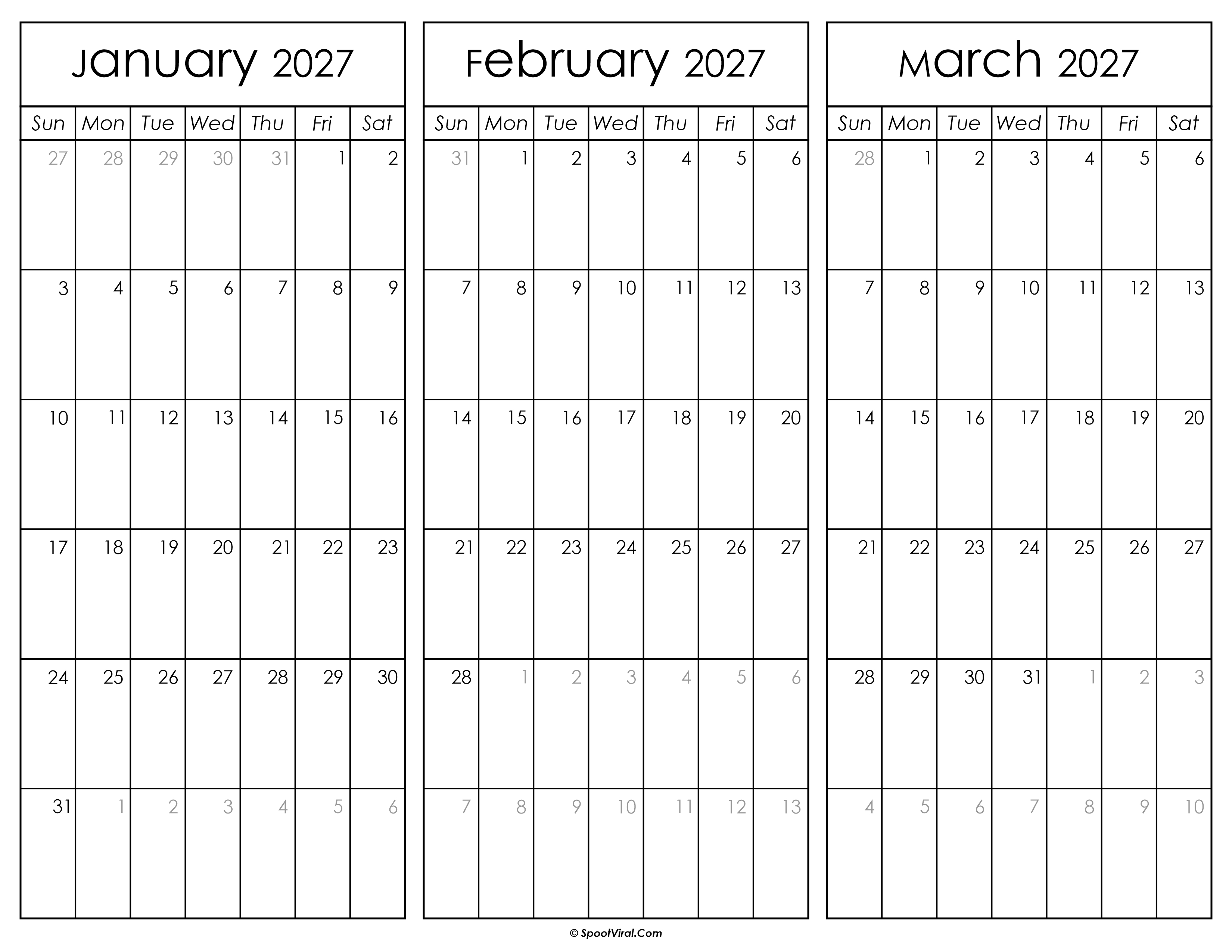 January February and March Calendar 2027