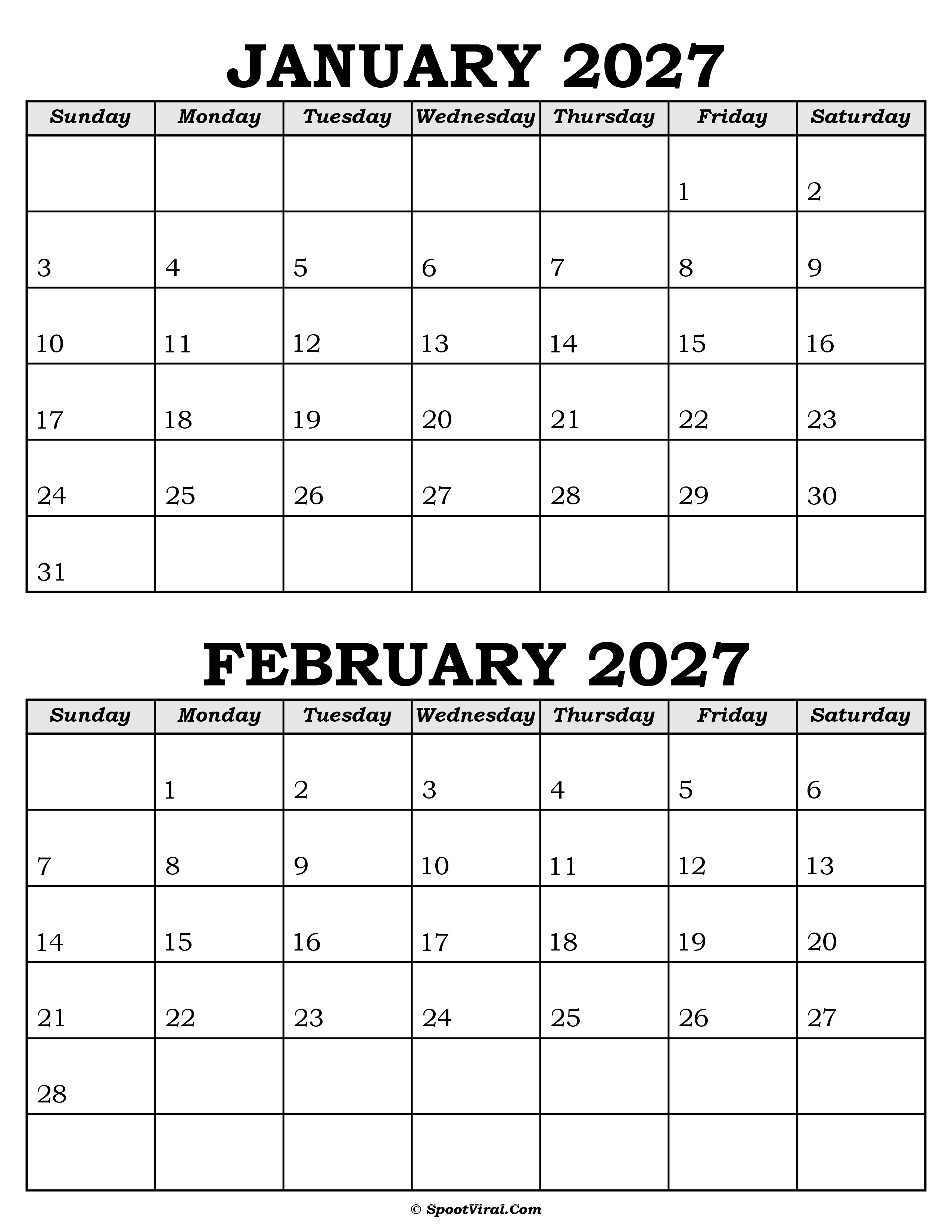 January and February Calendar 2027