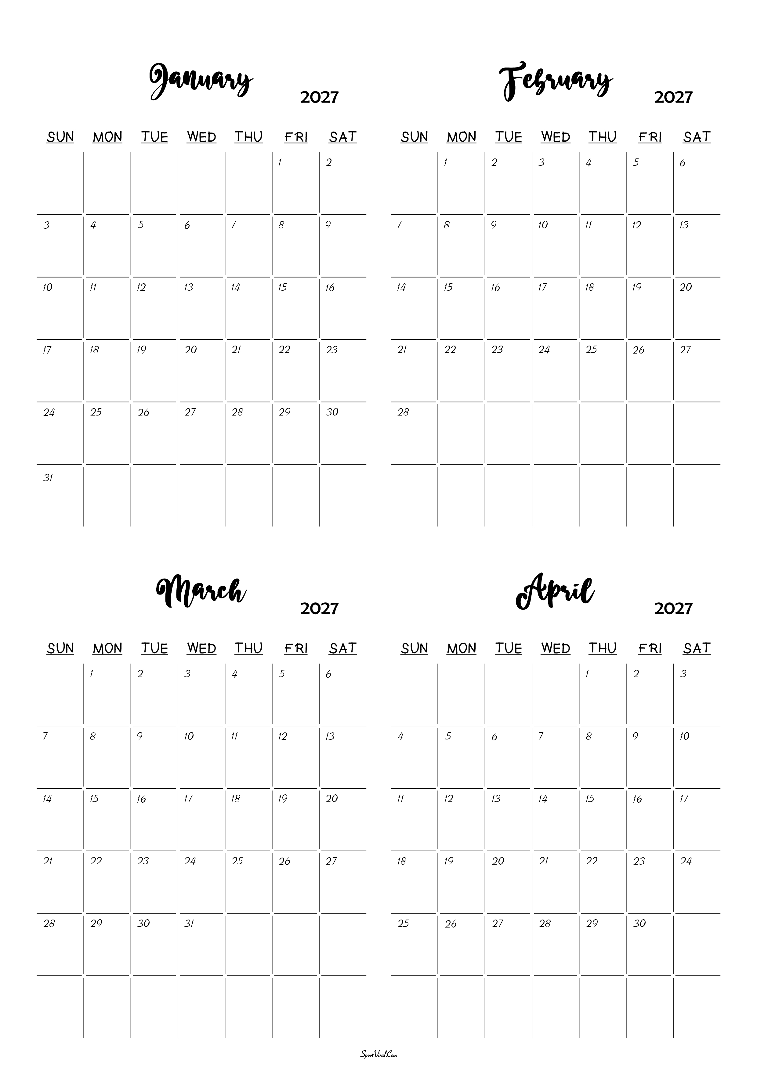 January to April 2027 Calendar