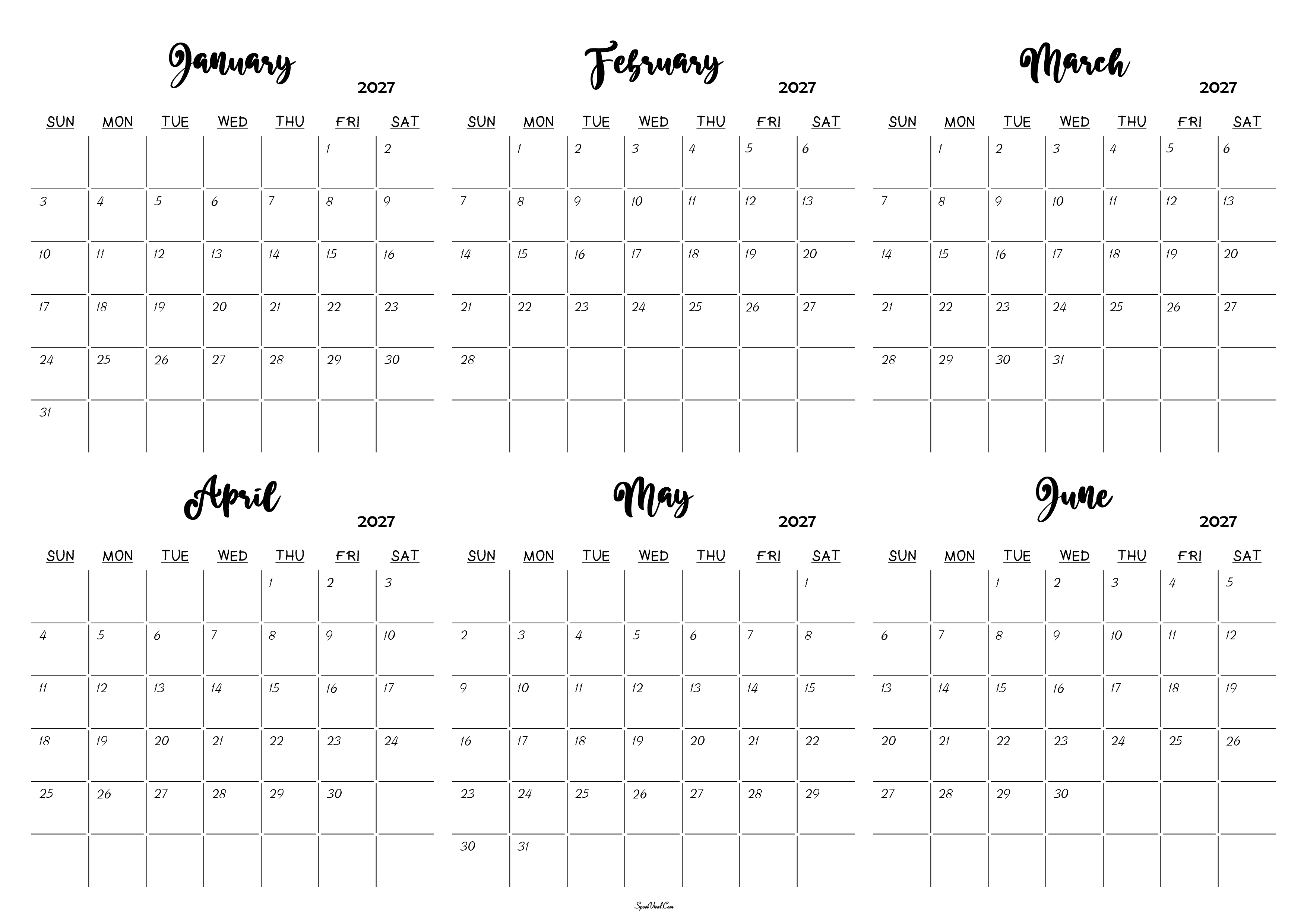 January to June 2027 Calendar