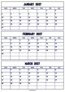 January to March 2027 Calendar