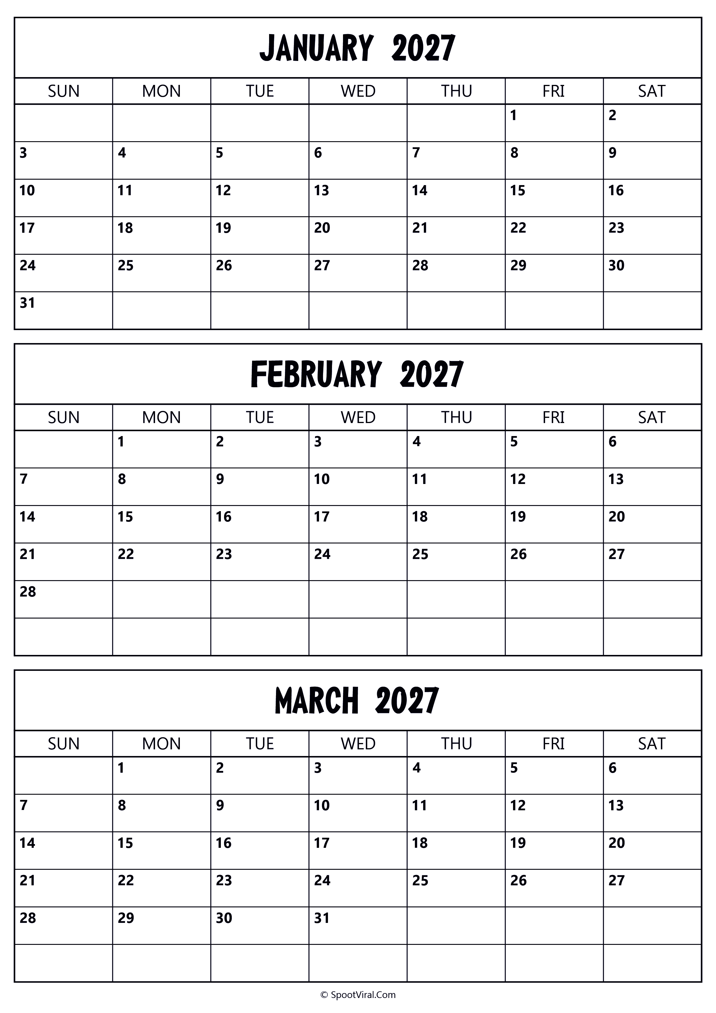January to March 2027 Calendar