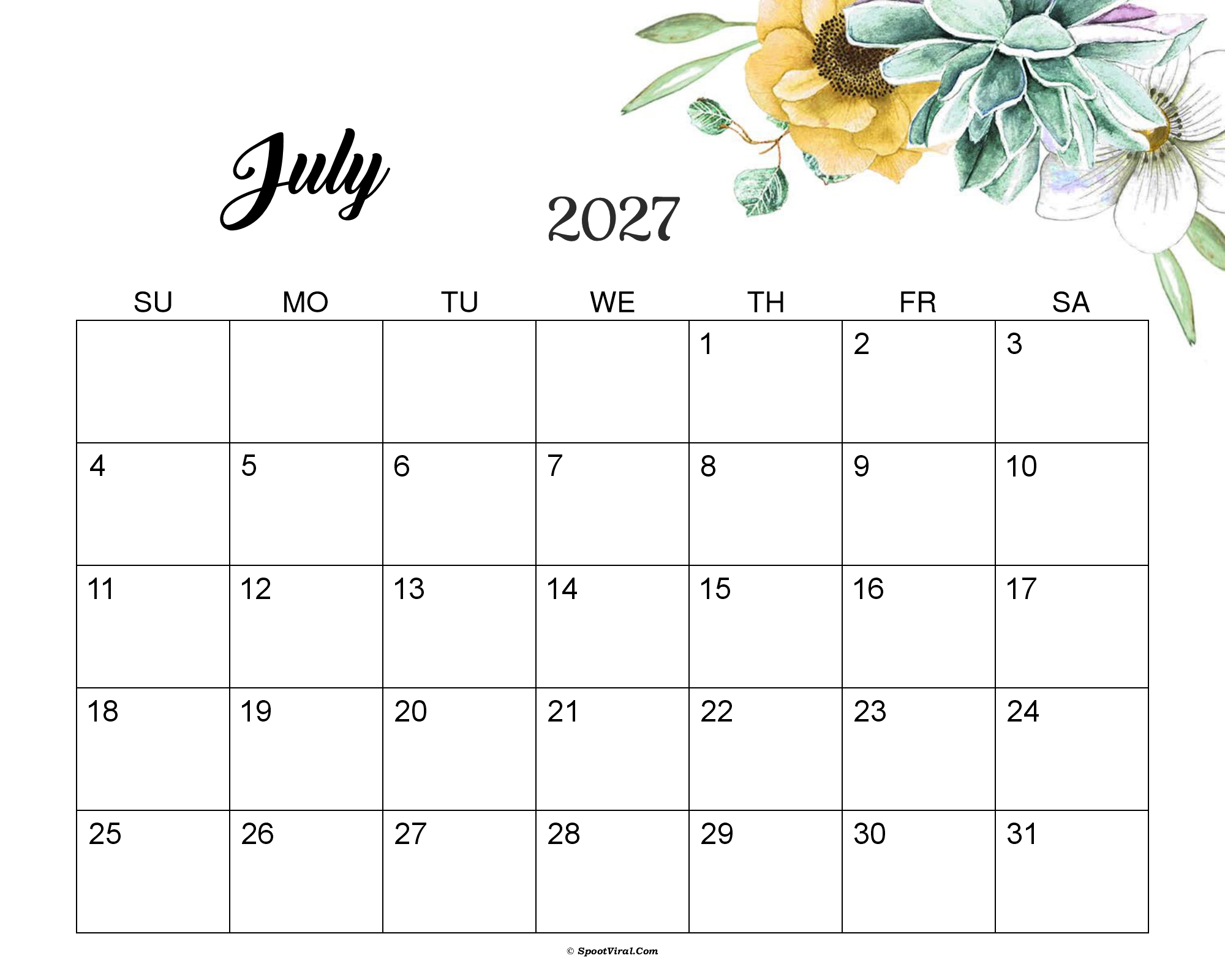 July 2027 Calendar Cute
