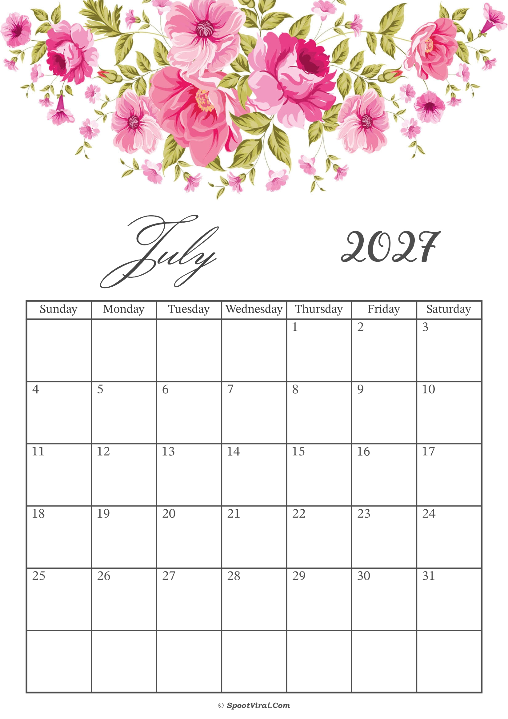 July 2027 Calendar Floral