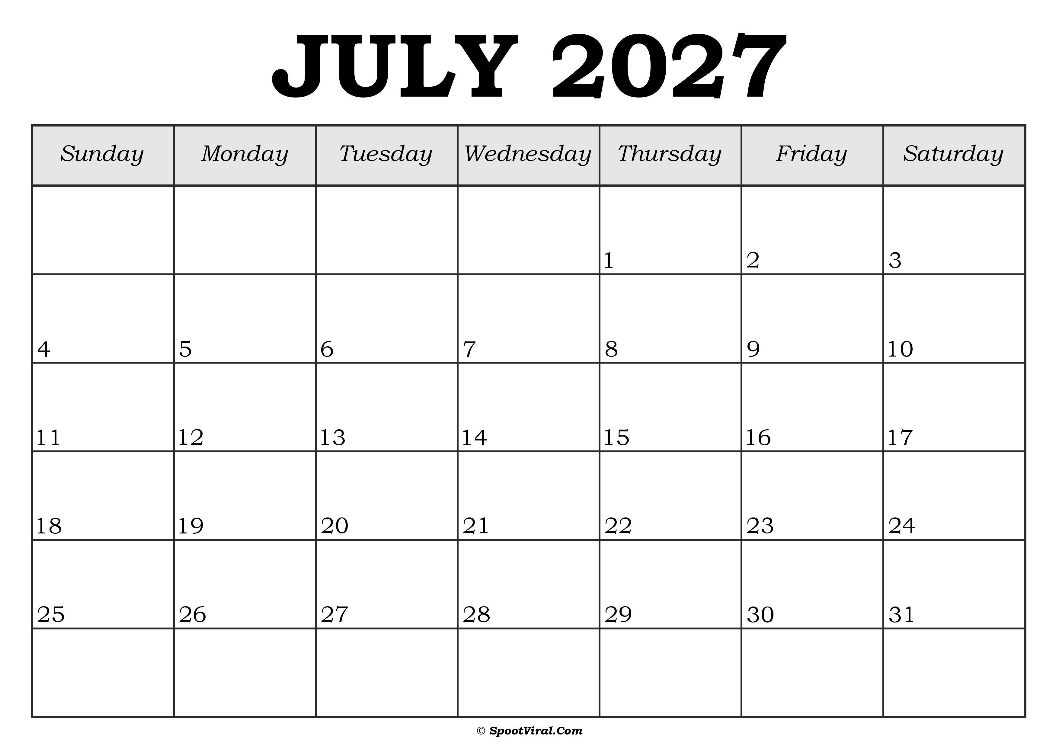 July 2027 Calendar Template