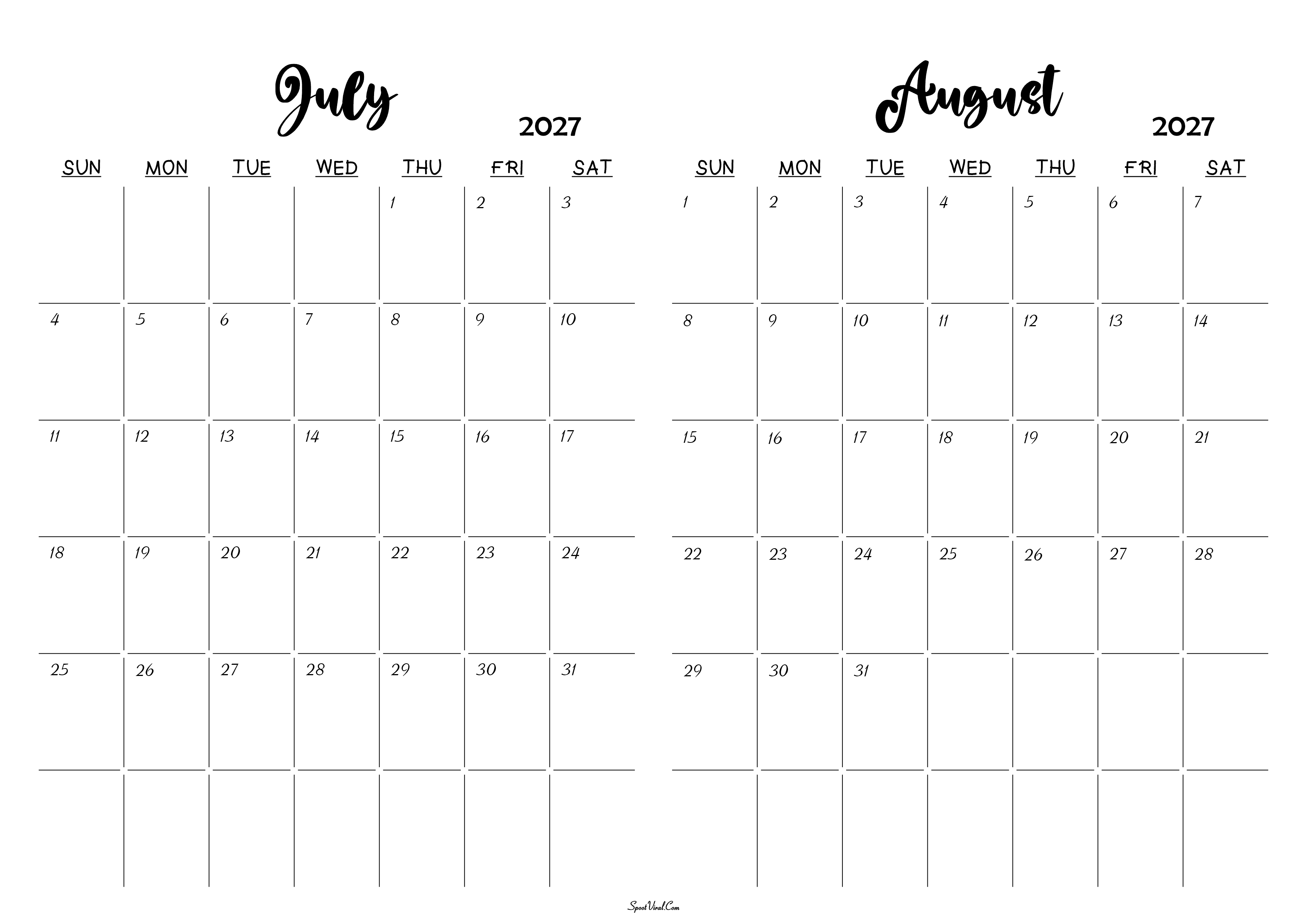 July August 2027 Calendar
