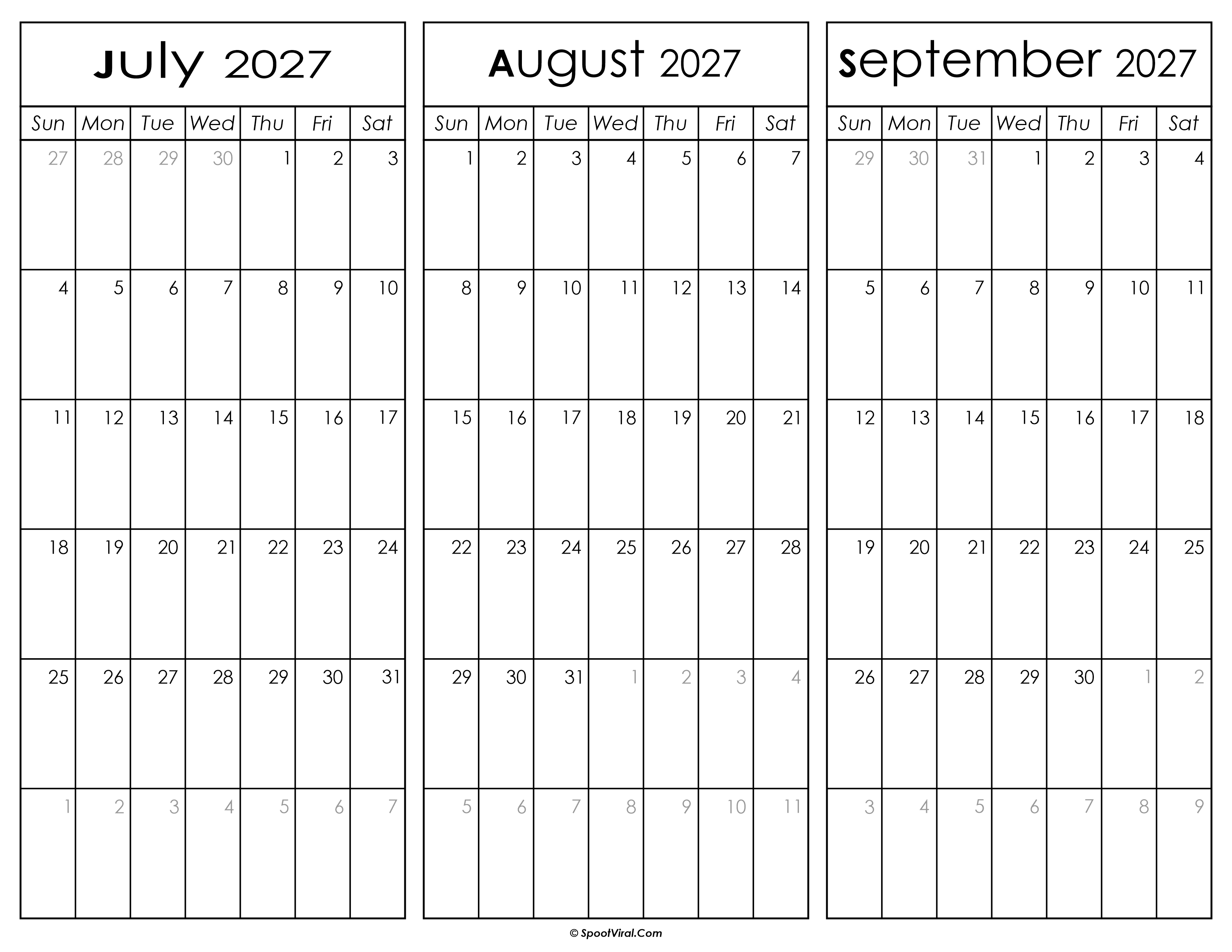 July August and September Calendar 2027
