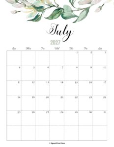 July Calendar 2027 Cute