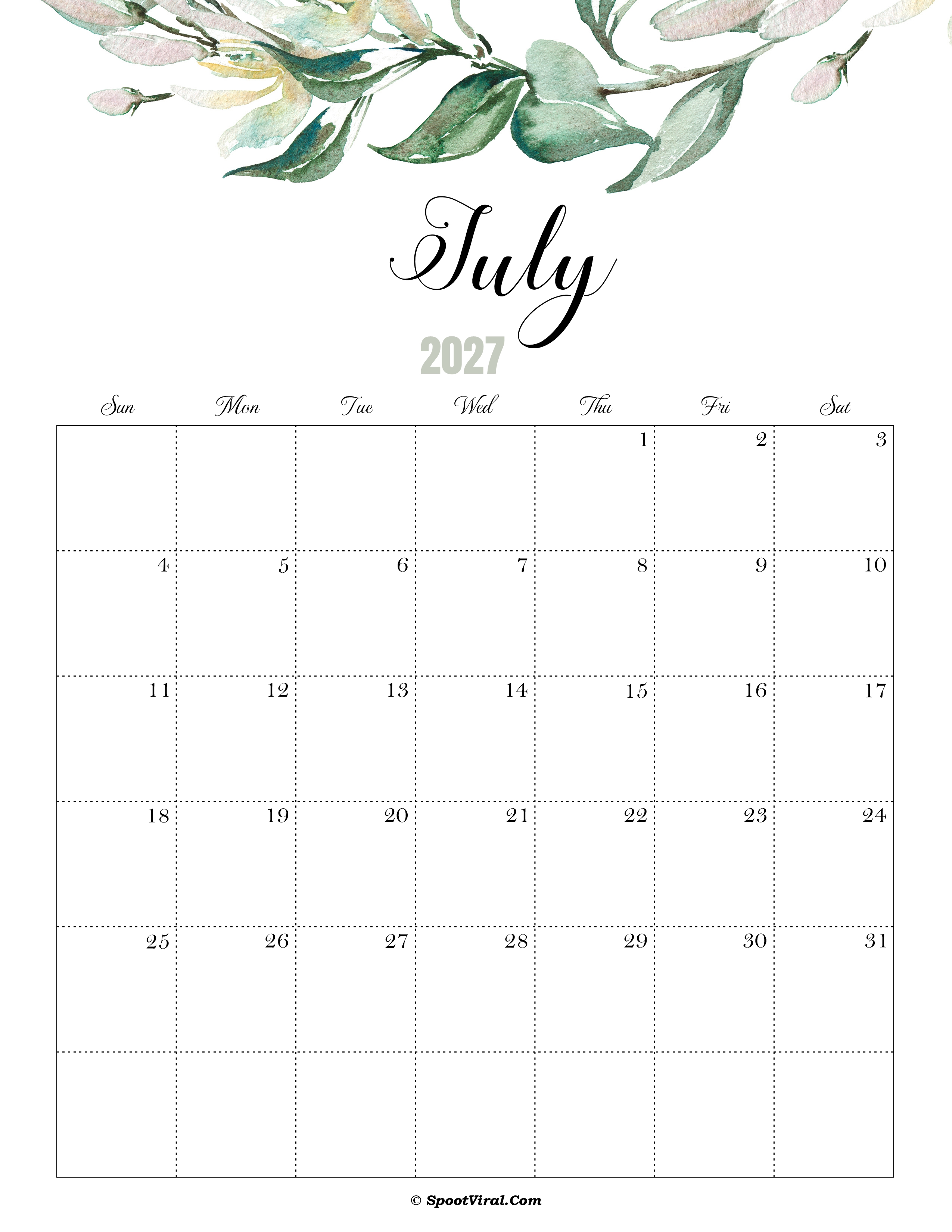 July Calendar 2027 Cute