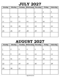 July and August Calendar 2027