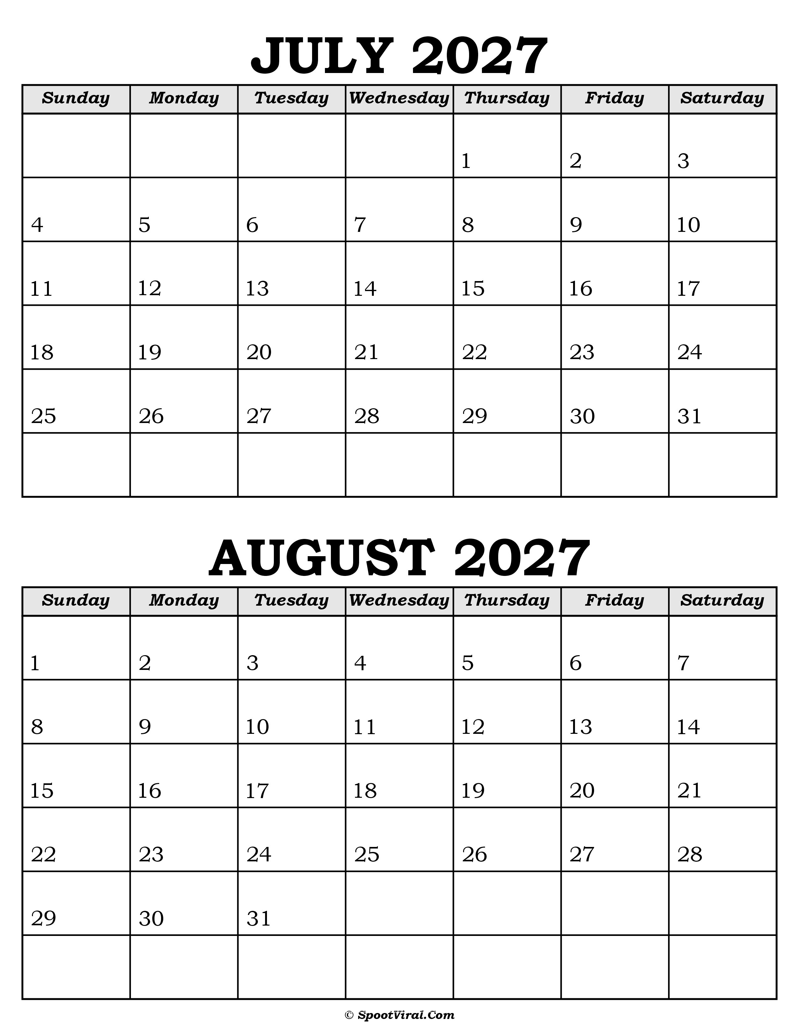 July and August Calendar 2027