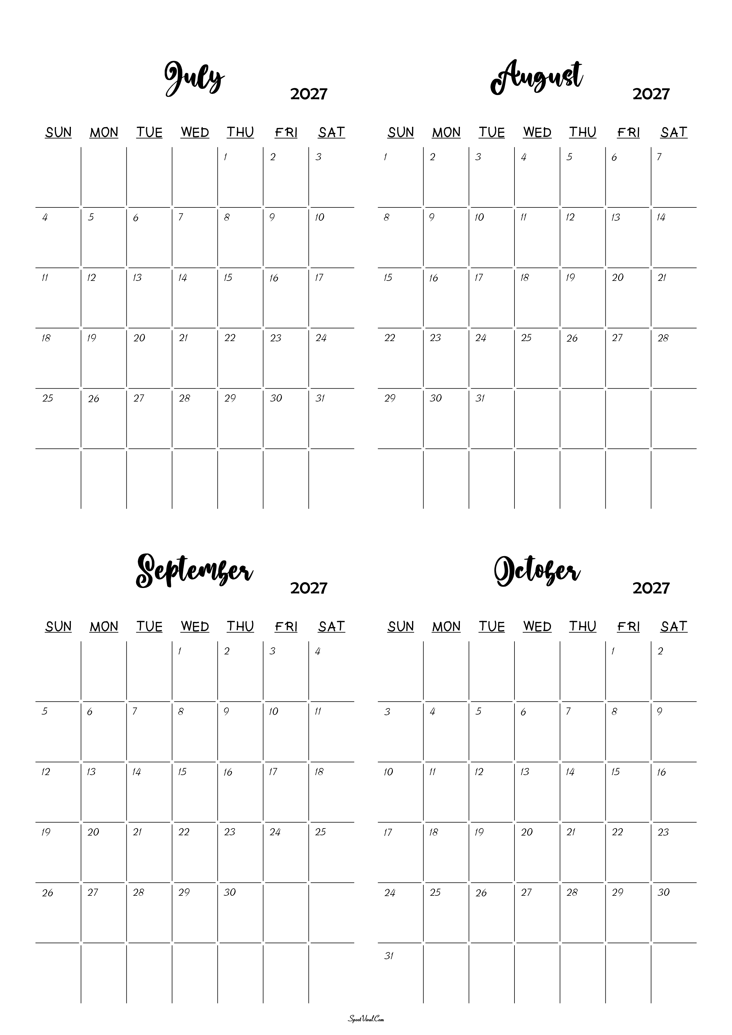 July to October 2027 Calendar