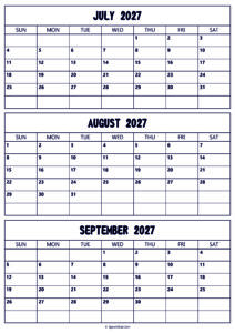 July to September 2027 Calendar