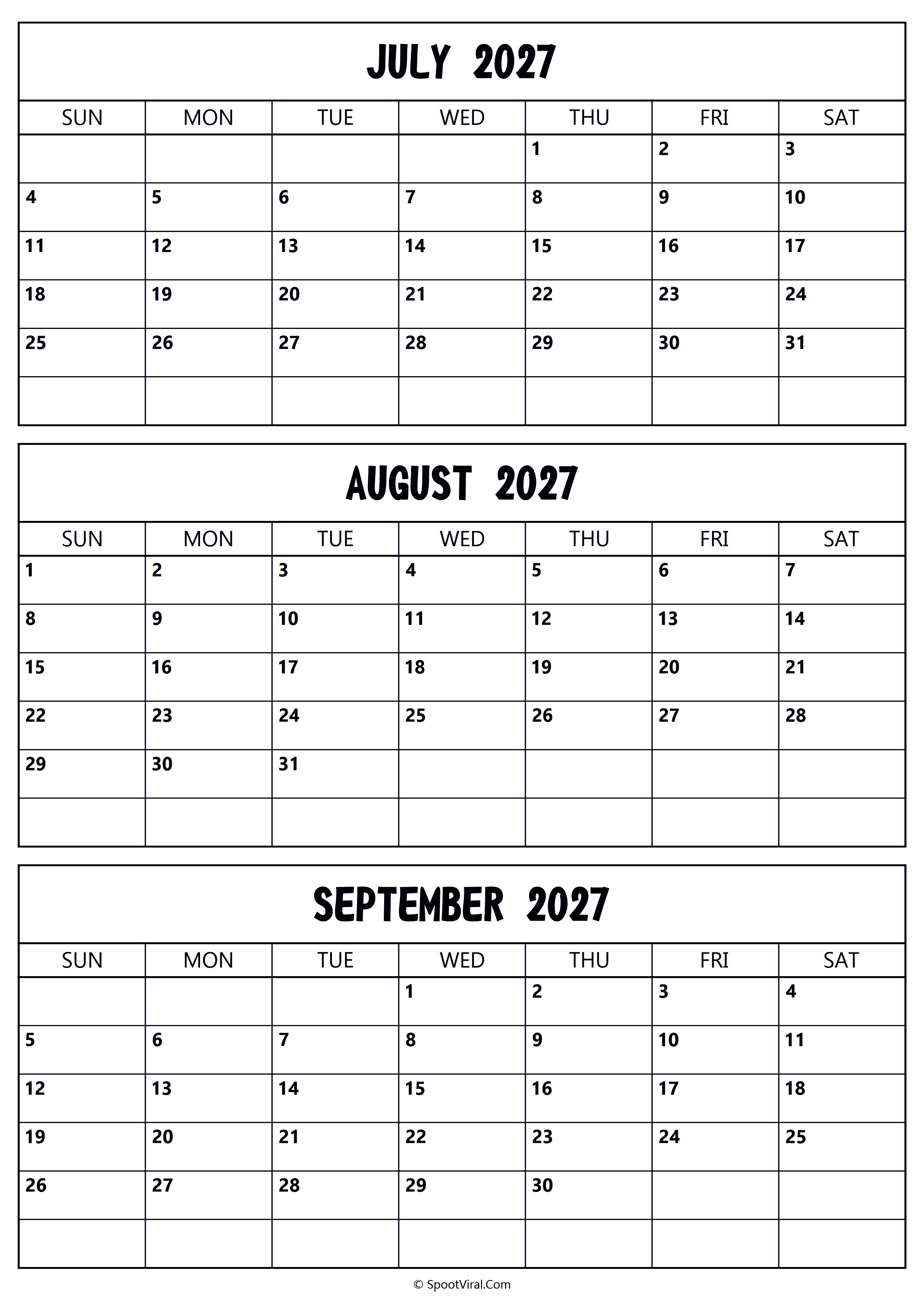 July to September 2027 Calendar