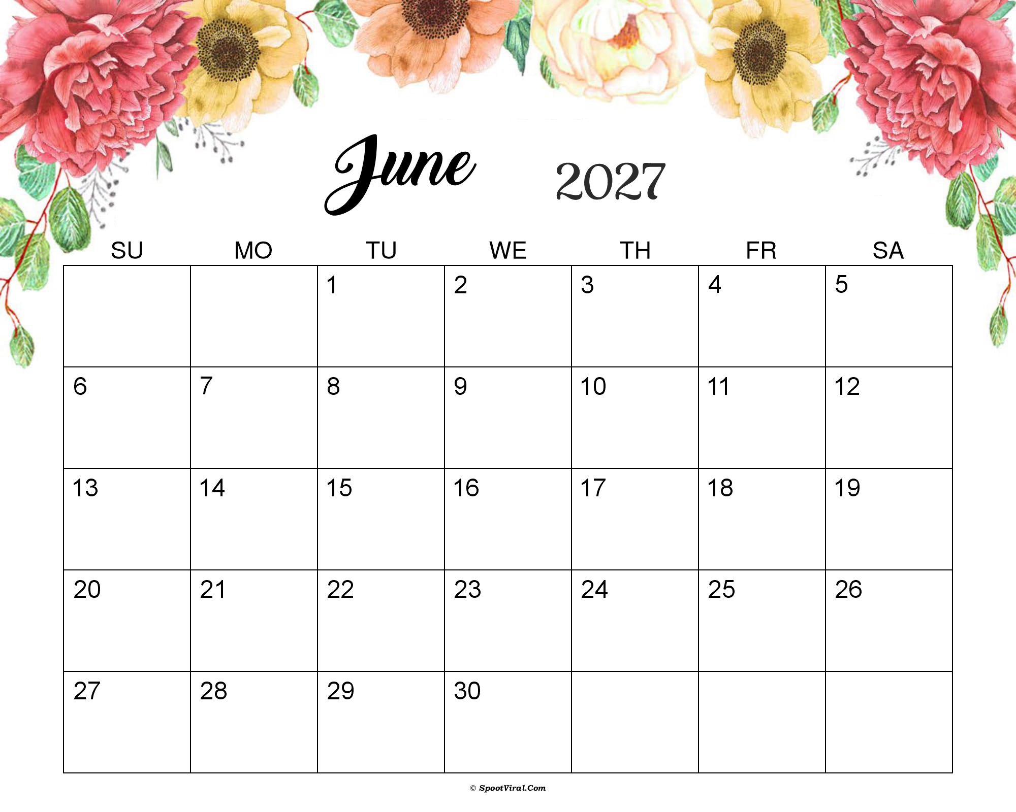 June 2027 Calendar Cute