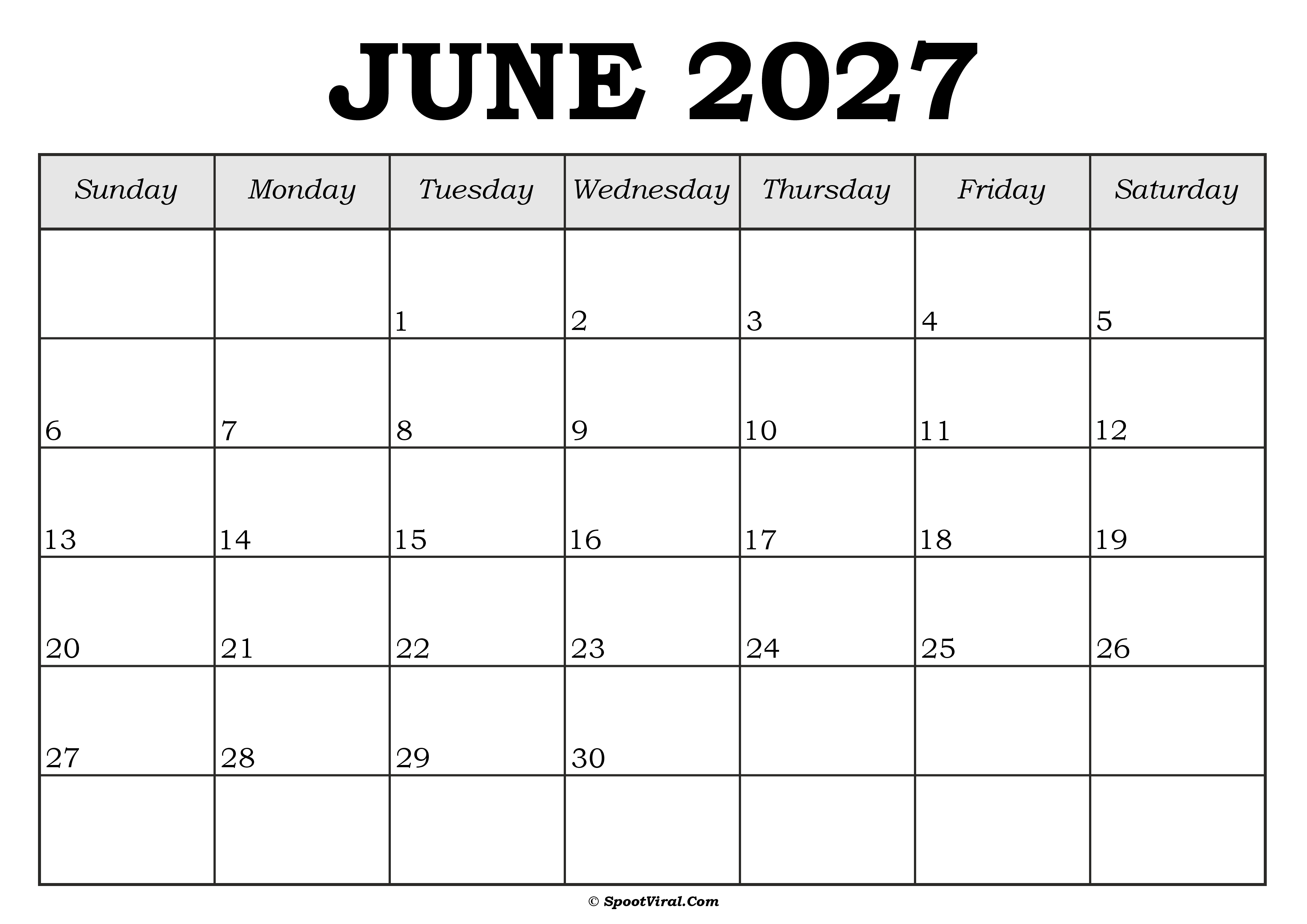 June 2027 Calendar Template