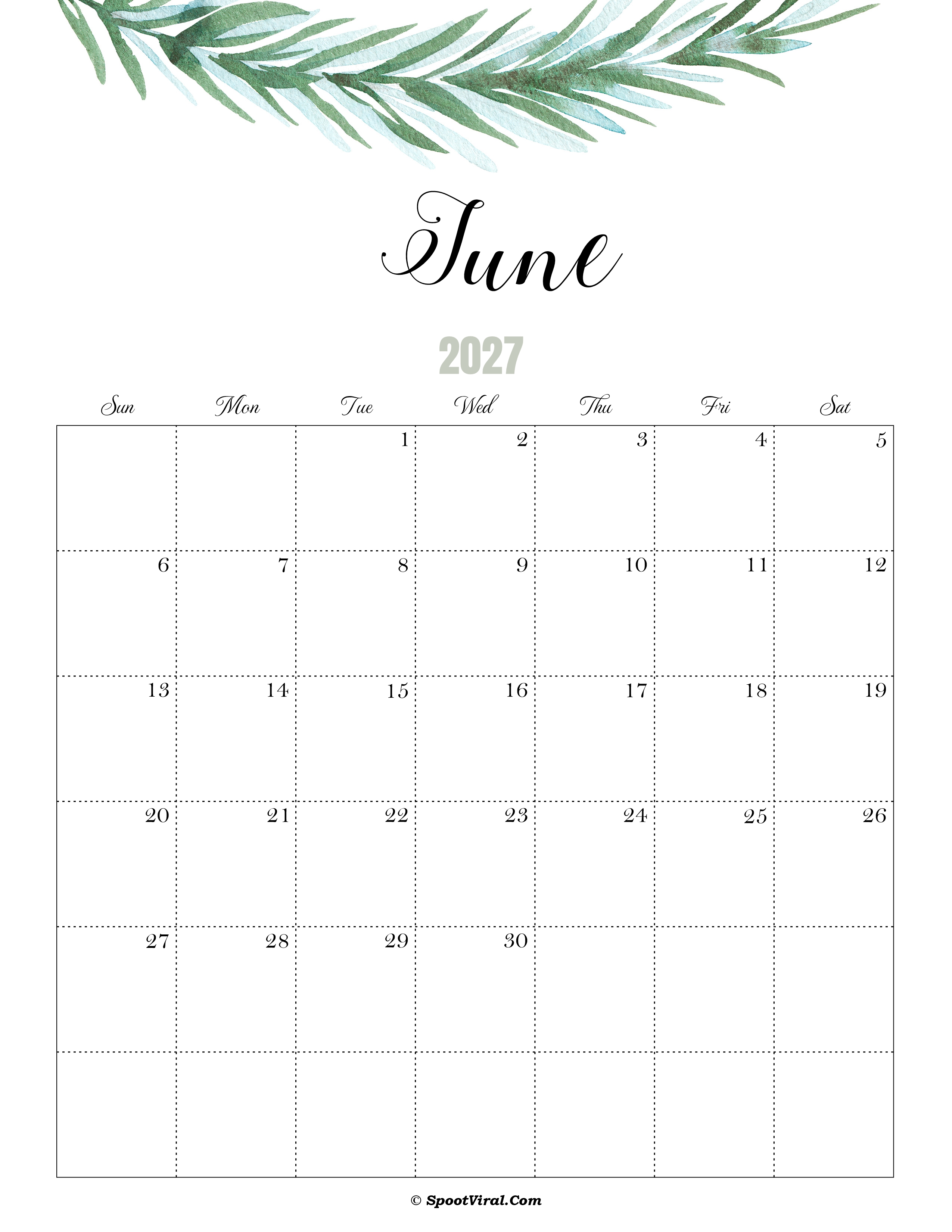 June Calendar 2027 Cute
