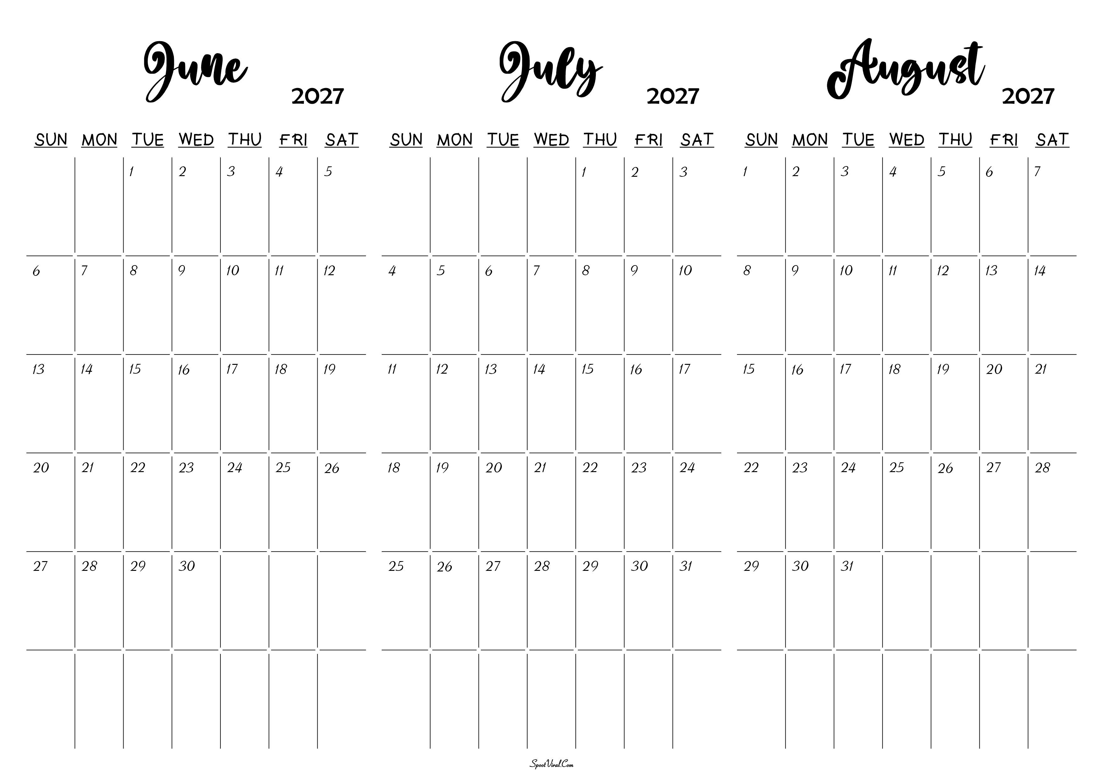June July August 2027 Calendar