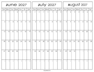 June July and August Calendar 2027