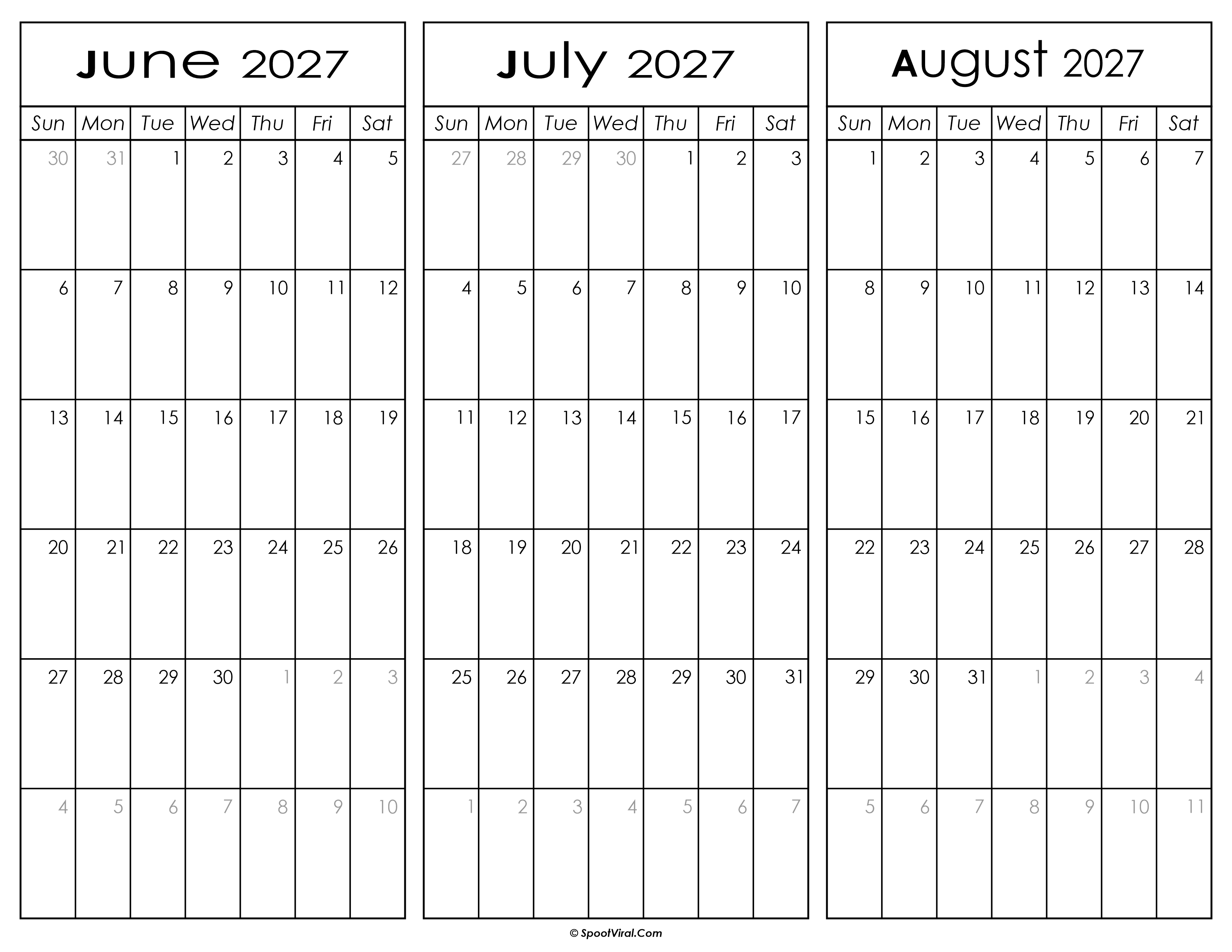 June July and August Calendar 2027