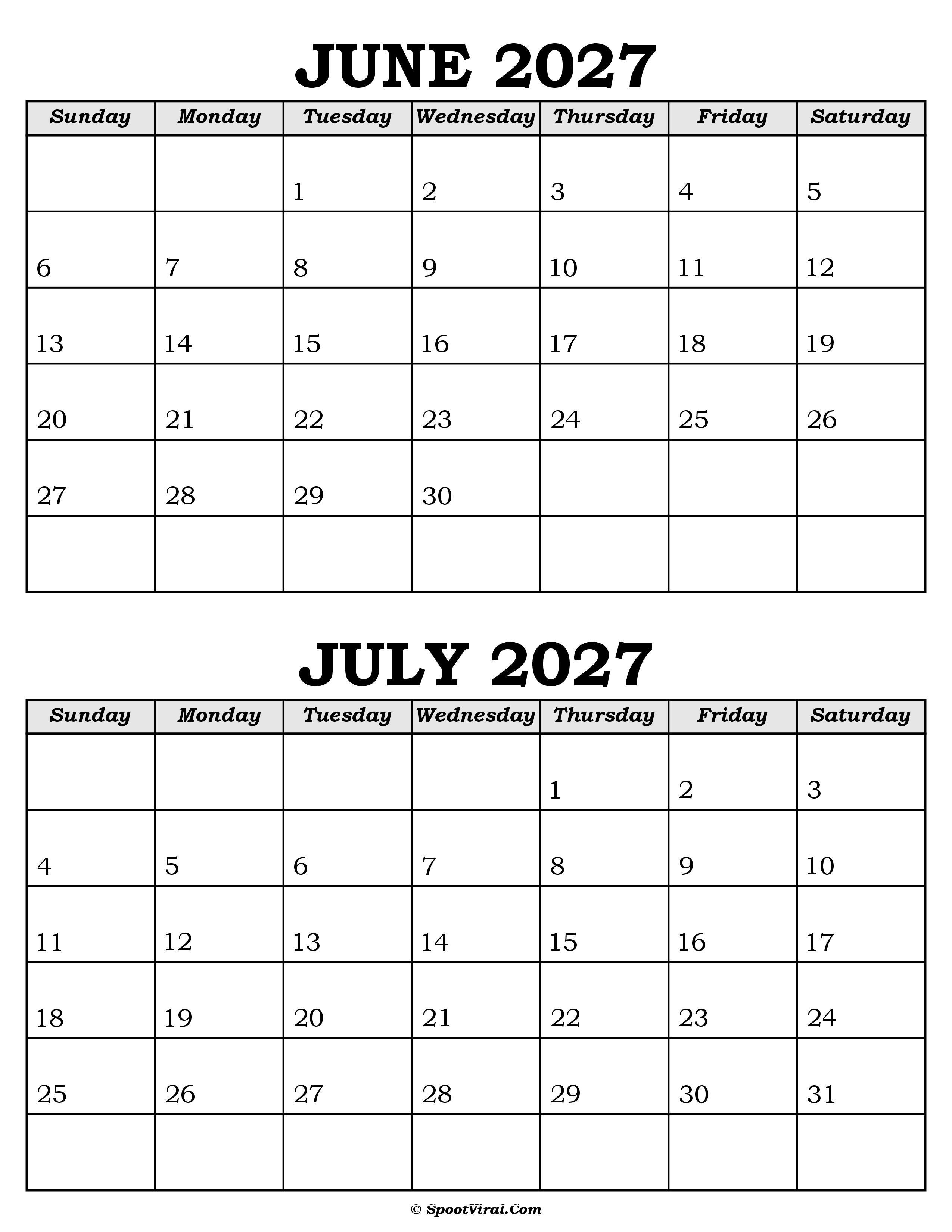 June and July Calendar 2027