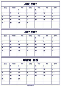 June to August 2027 Calendar