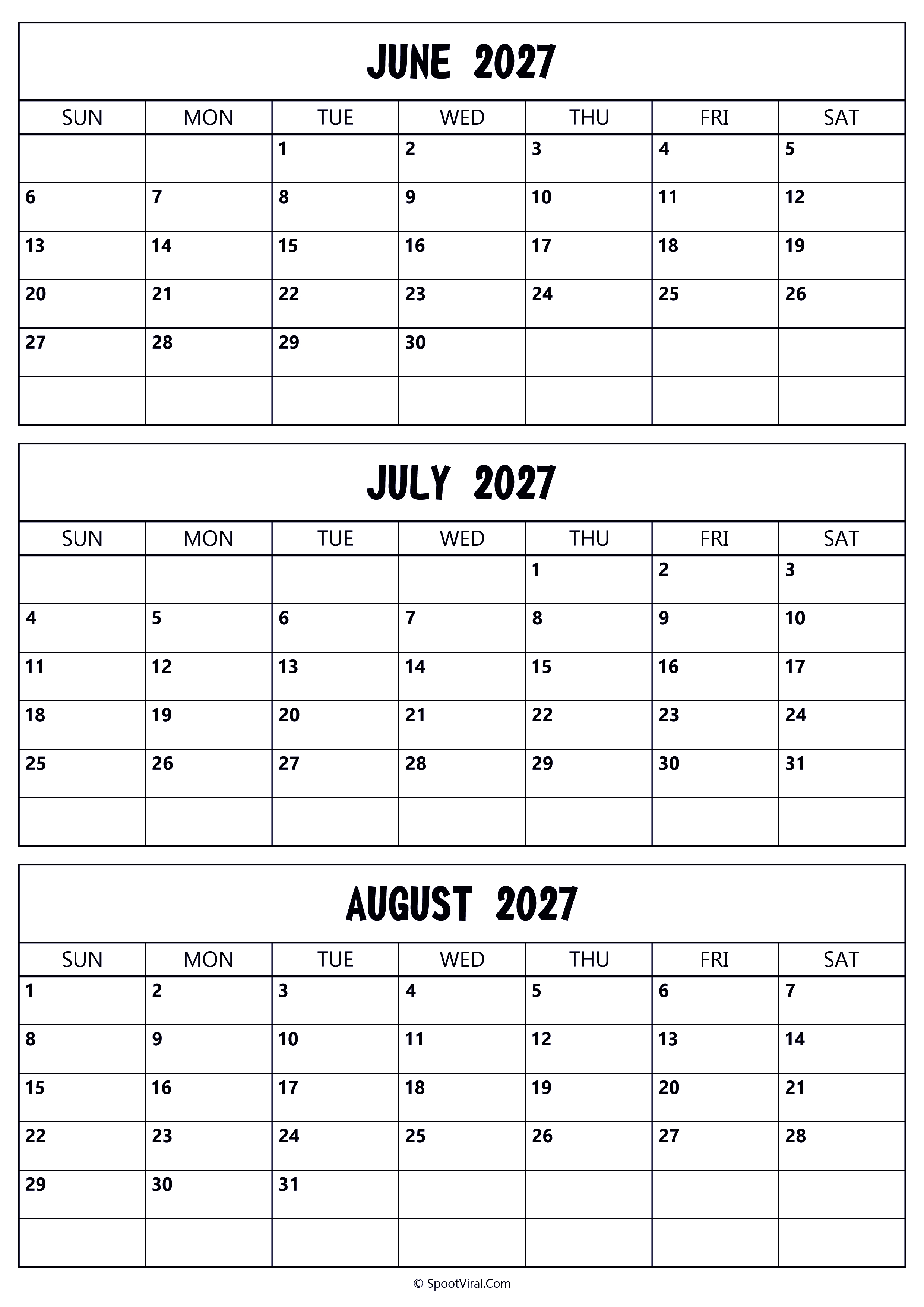 June to August 2027 Calendar